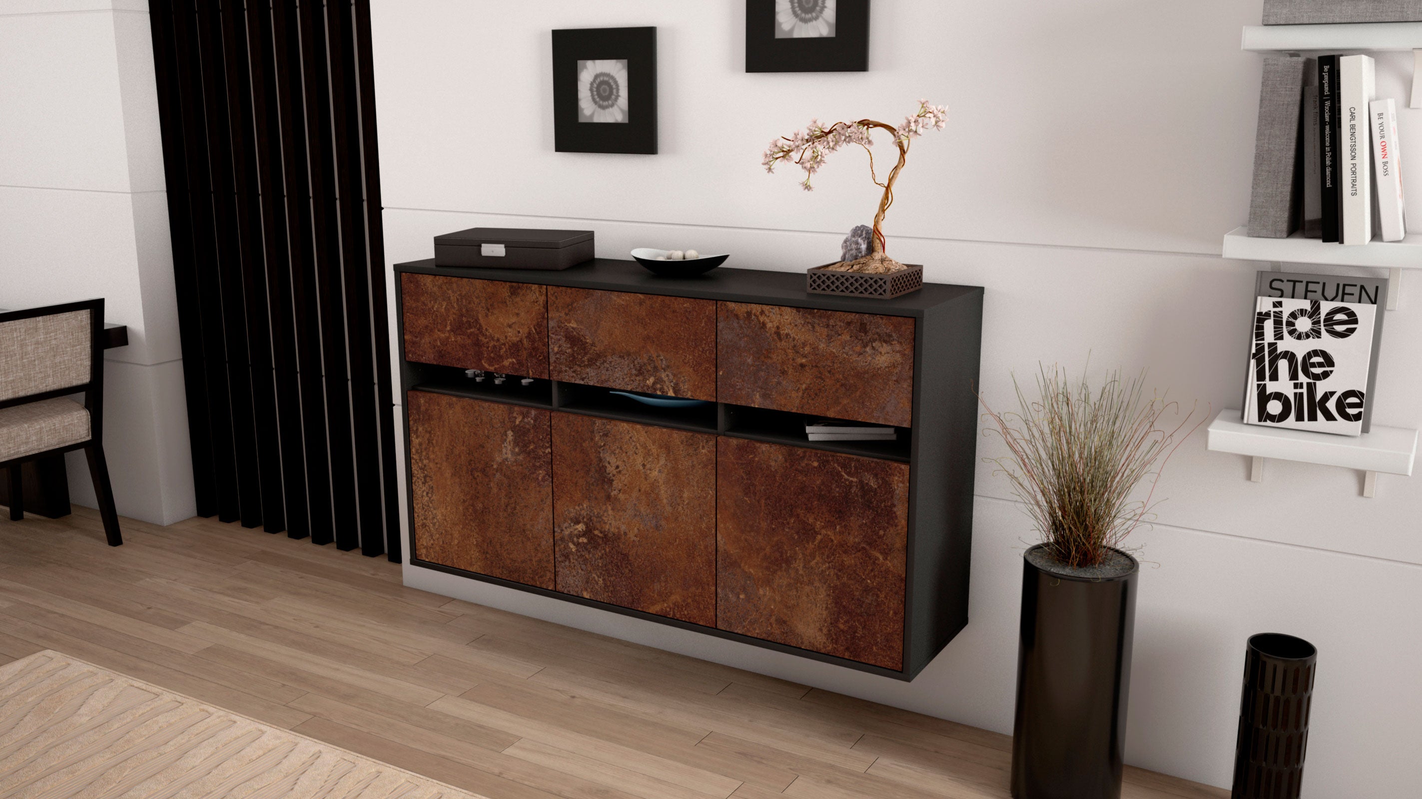 Sideboard - Dorinde - Design Industrie Stil - Wandmontage mit Push to Open 136 cm Anthrazit