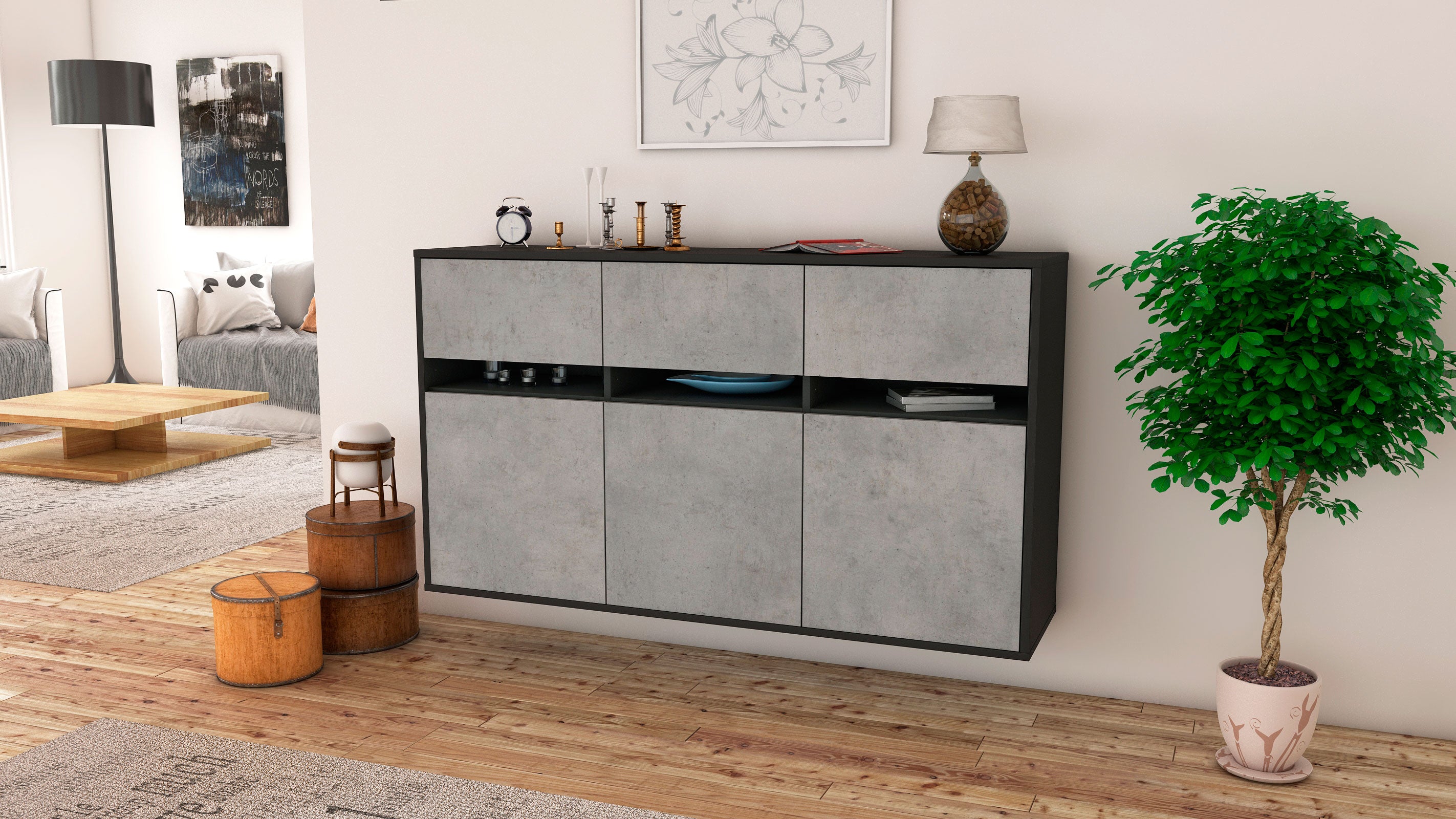 Sideboard - Dorinde - Design Industrie Stil - Wandmontage mit Push to Open 136 cm Anthrazit