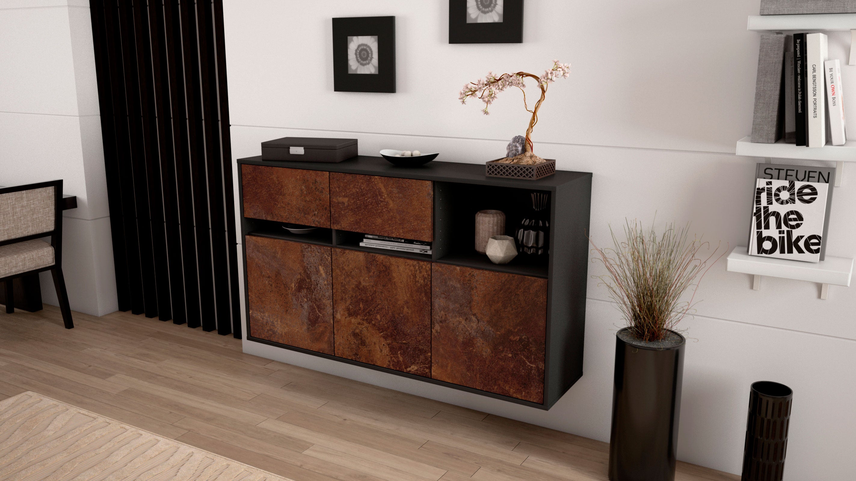 Sideboard - Dorotea - Design Industrie Stil - Wandmontage mit Push to Open 136 cm Anthrazit