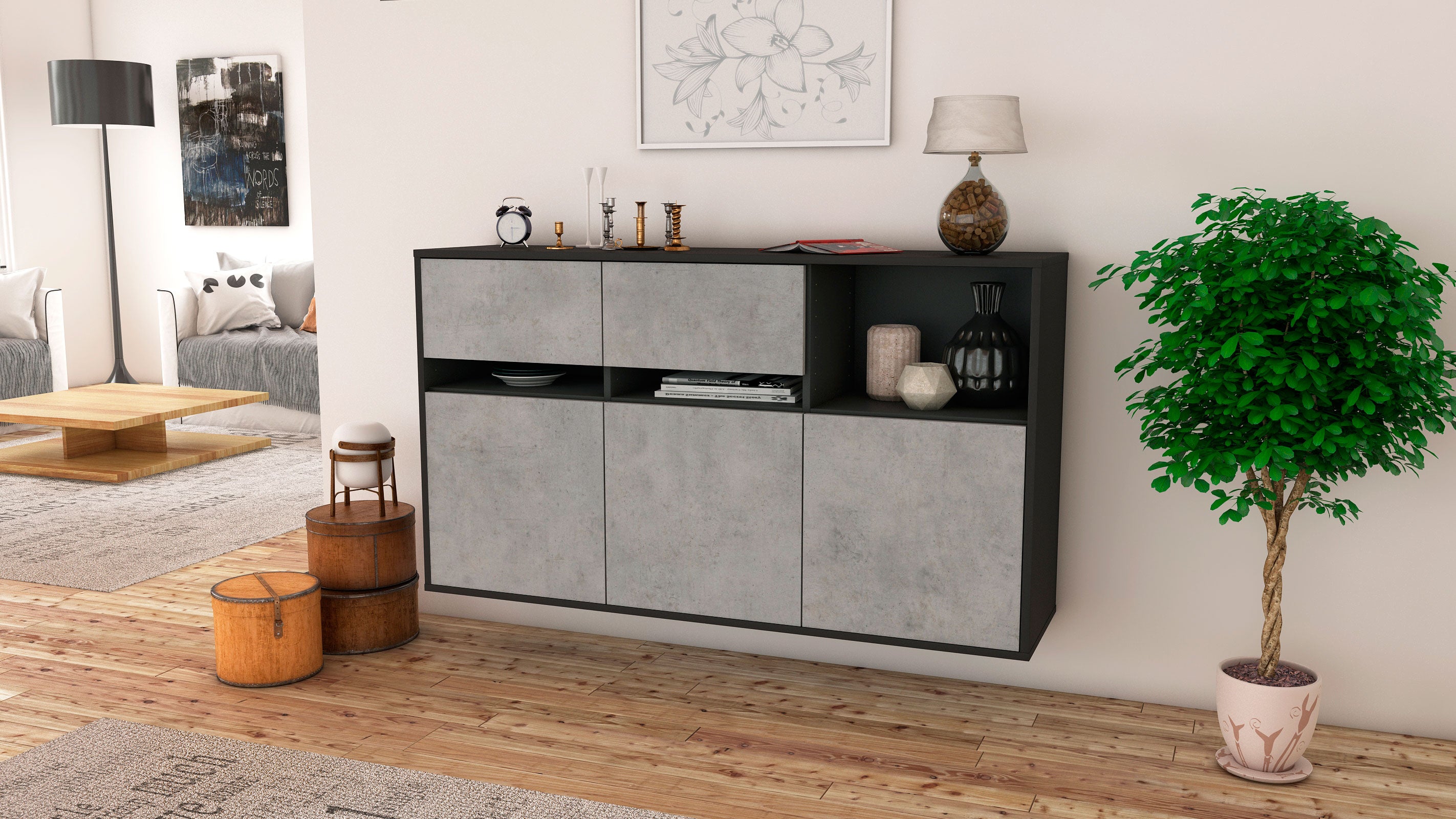 Sideboard - Dorotea - Design Industrie Stil - Wandmontage mit Push to Open 136 cm Anthrazit