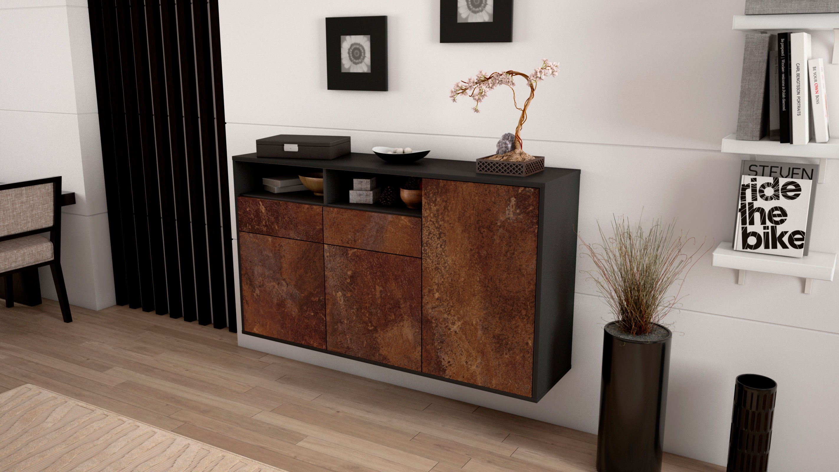 Sideboard - Editta - Design Industrie Stil - Wandmontage mit Push to Open 136 cm Anthrazit