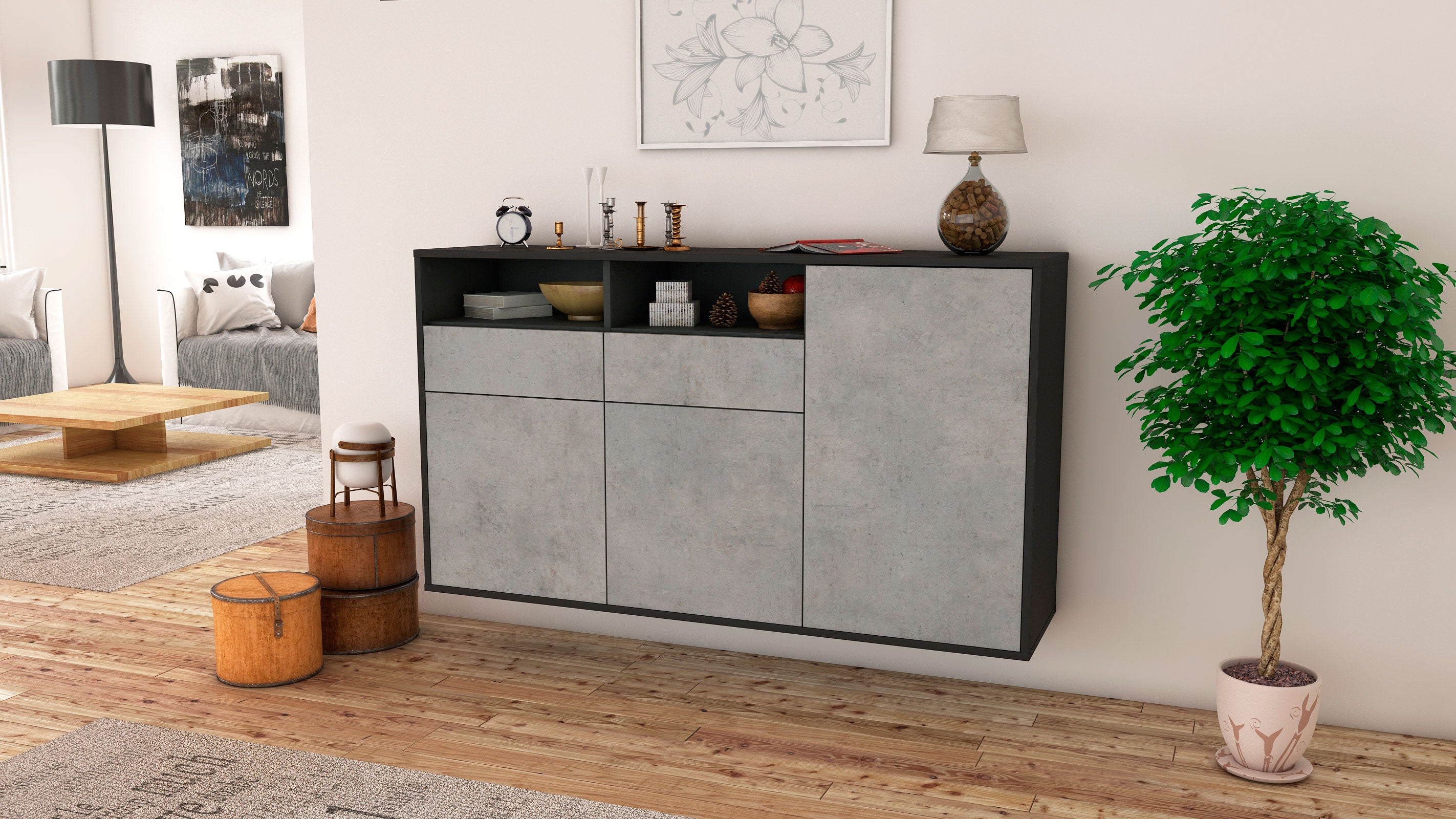 Sideboard - Editta - Design Industrie Stil - Wandmontage mit Push to Open 136 cm Anthrazit