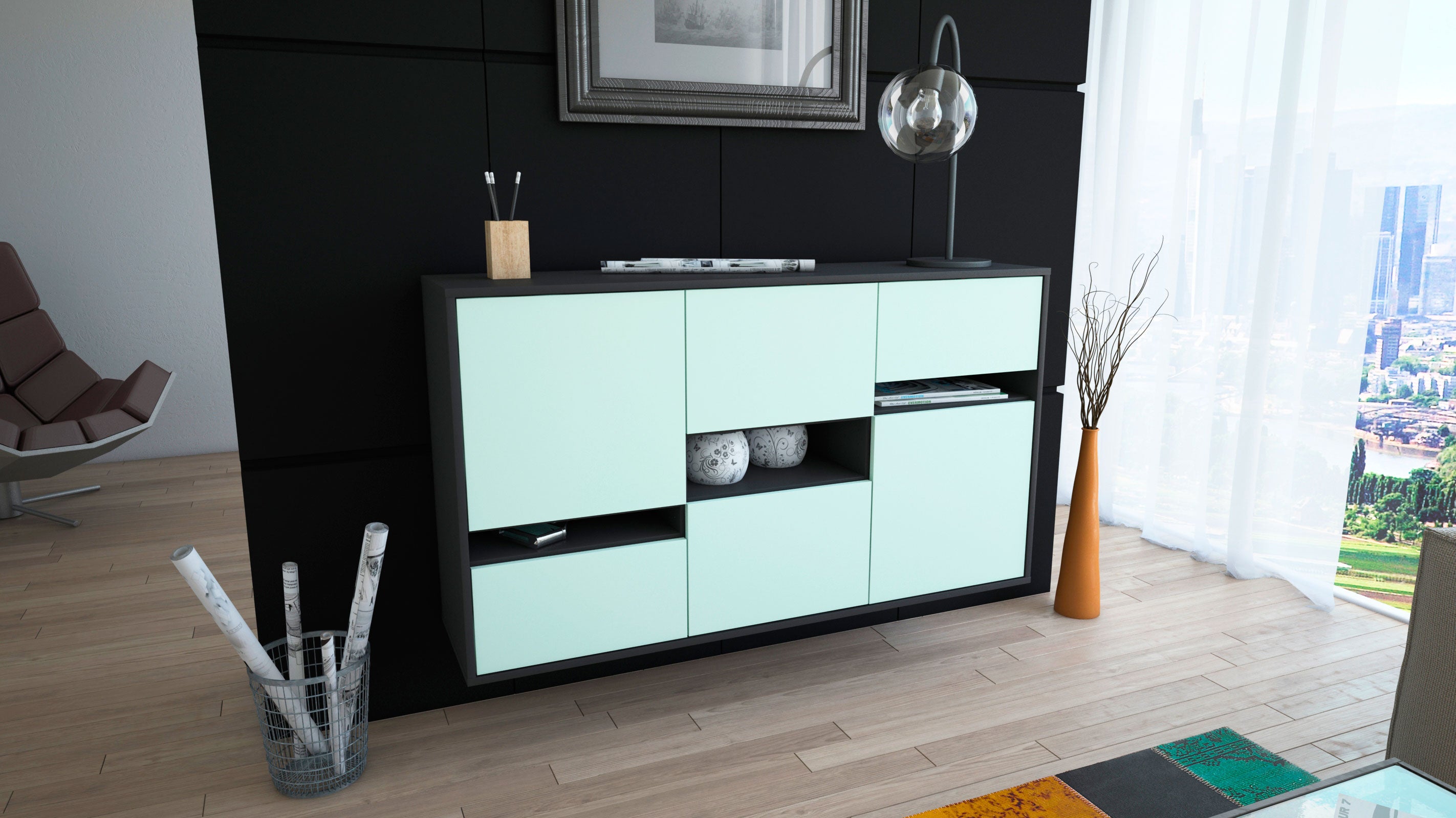 Sideboard - Egizia - Design Farbakzent - Wandmontage mit Push to Open 136 cm Anthrazit