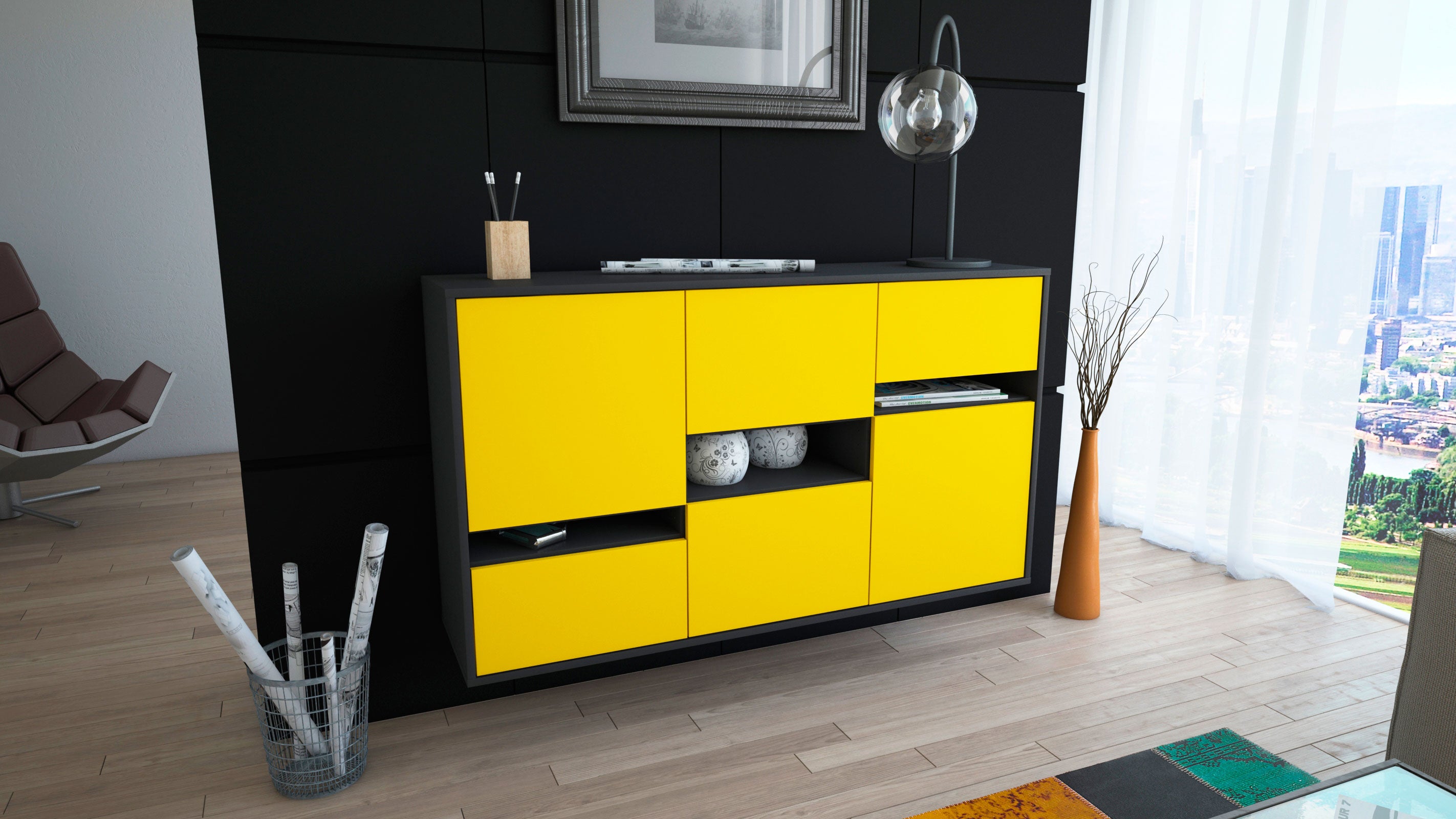 Sideboard - Egizia - Design Farbakzent - Wandmontage mit Push to Open 136 cm Anthrazit