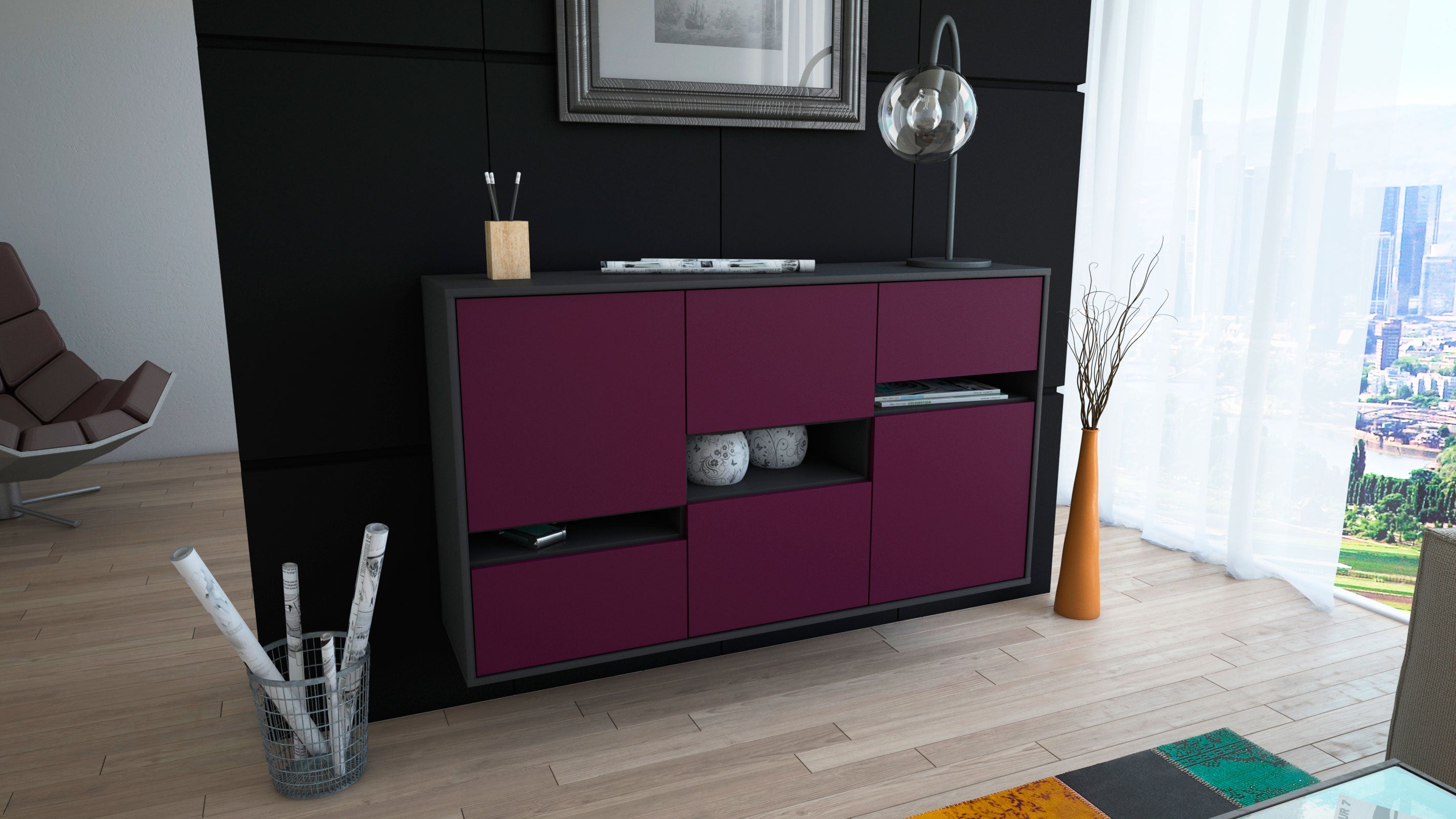 Sideboard - Egizia - Design Farbakzent - Wandmontage mit Push to Open 136 cm Anthrazit