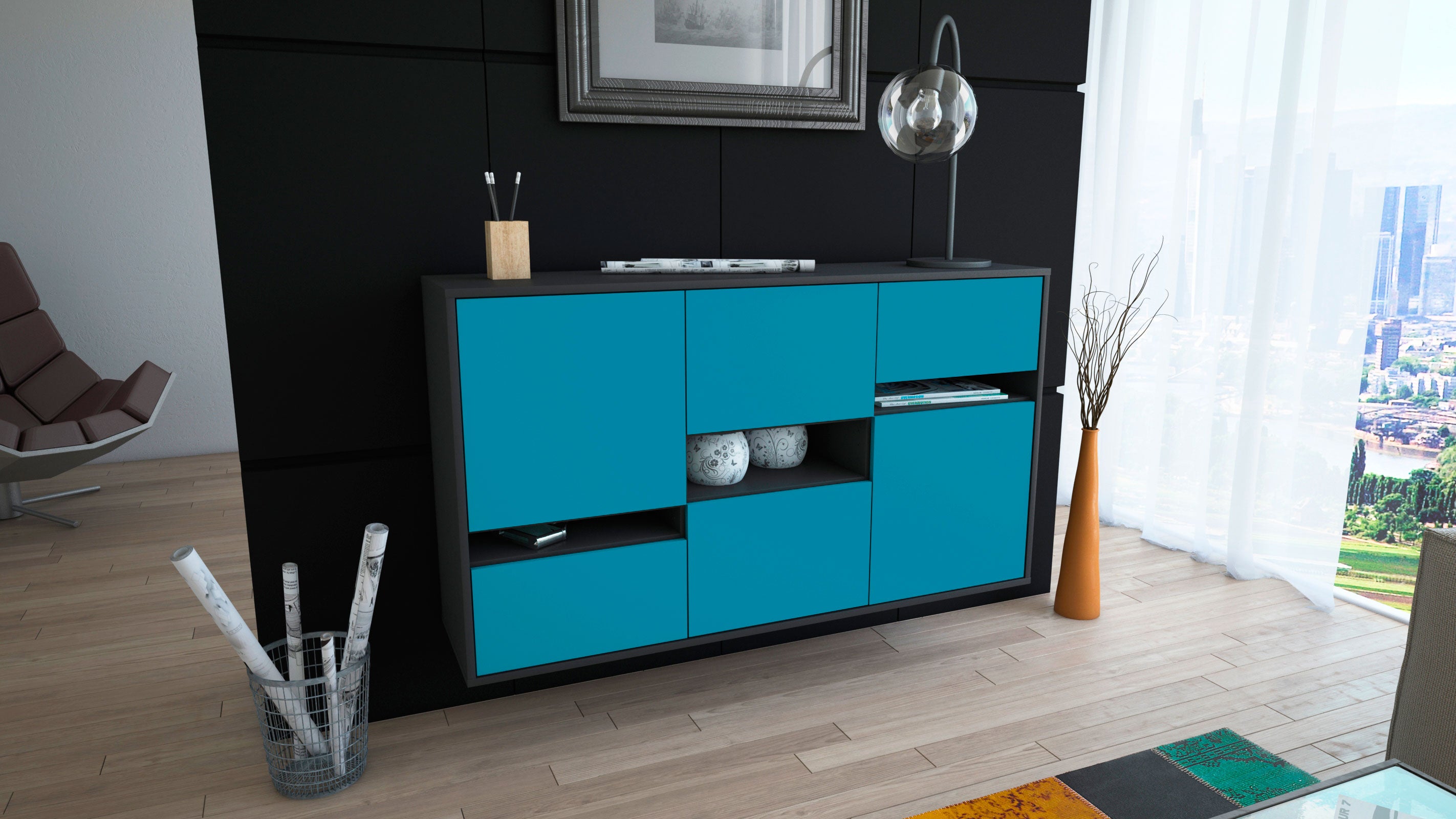 Sideboard - Egizia - Design Farbakzent - Wandmontage mit Push to Open 136 cm Anthrazit
