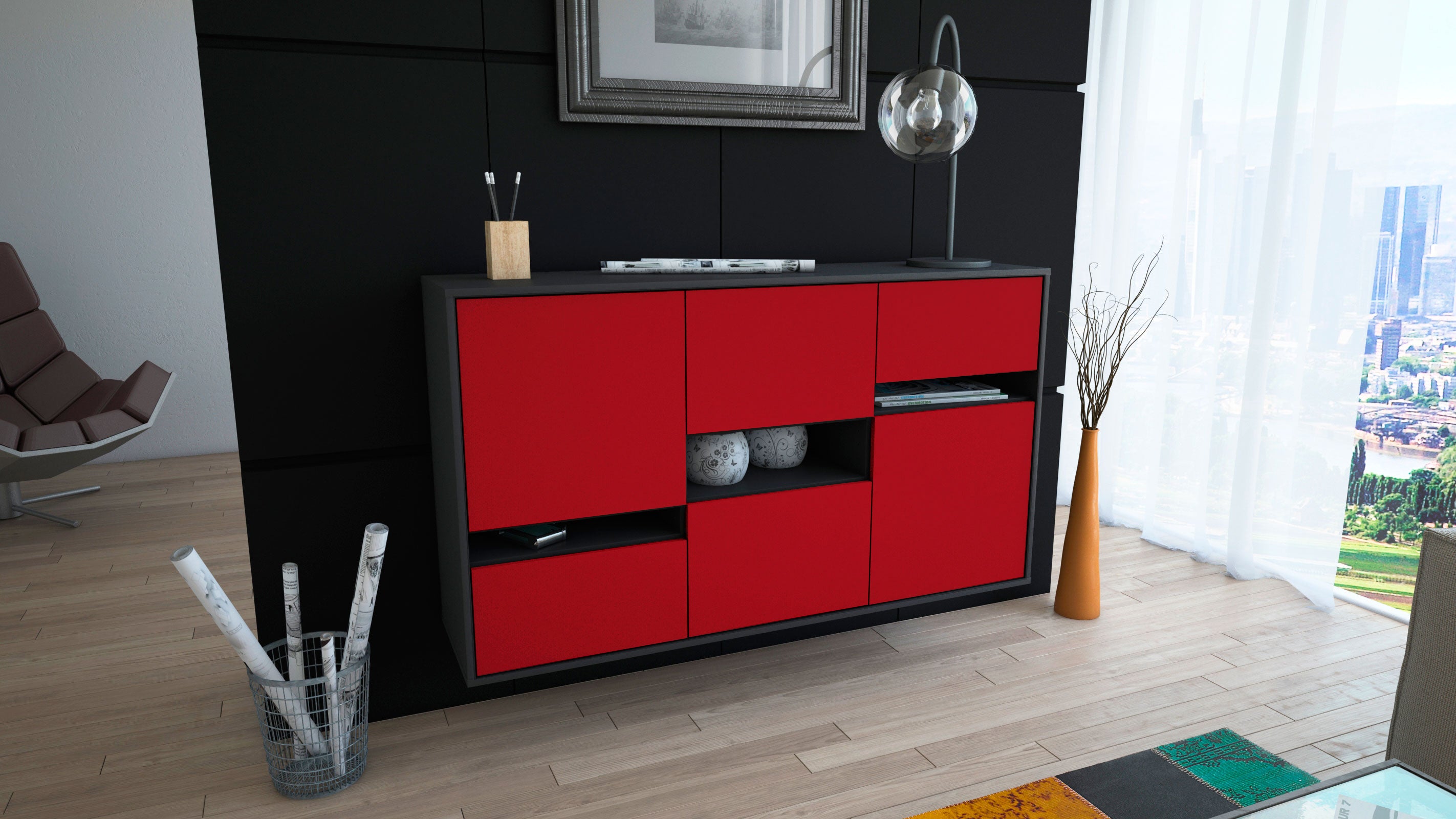 Sideboard - Egizia - Design Farbakzent - Wandmontage mit Push to Open 136 cm Anthrazit