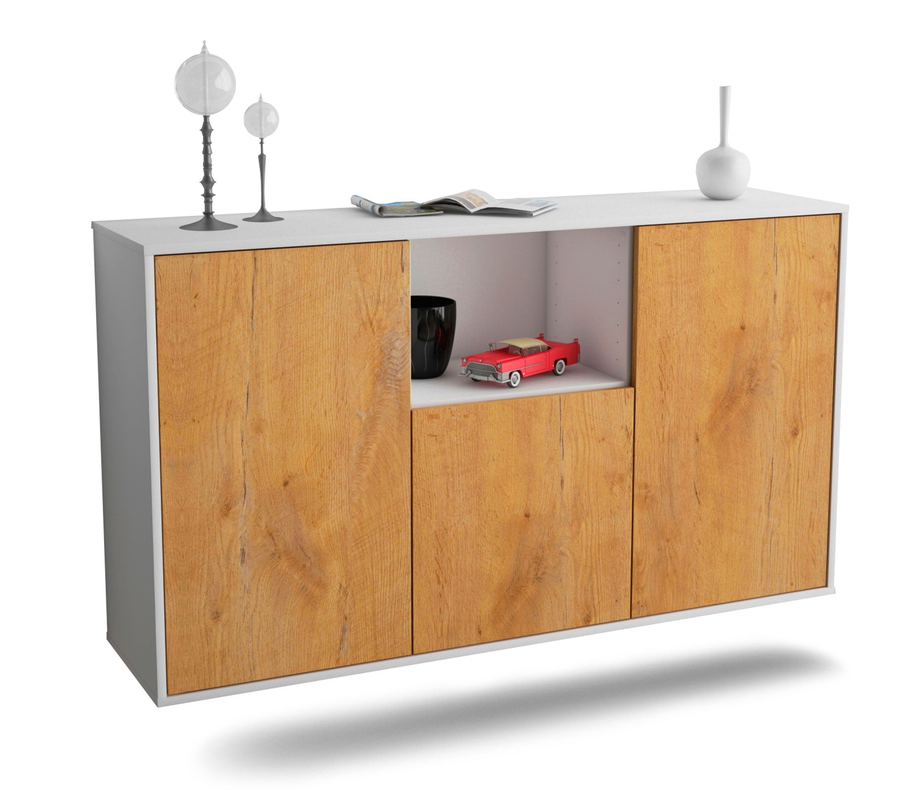 Sideboard - Demetria - Design Holzdekor - Wandmontage mit Push to Open 136 cm Weiss