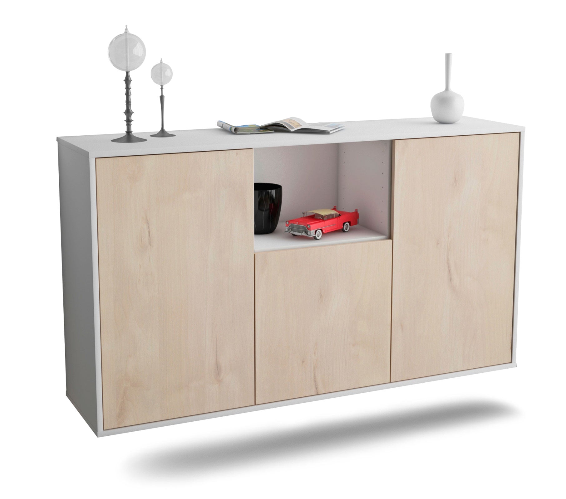 Sideboard - Demetria - Design Holzdekor - Wandmontage mit Push to Open 136 cm Weiss