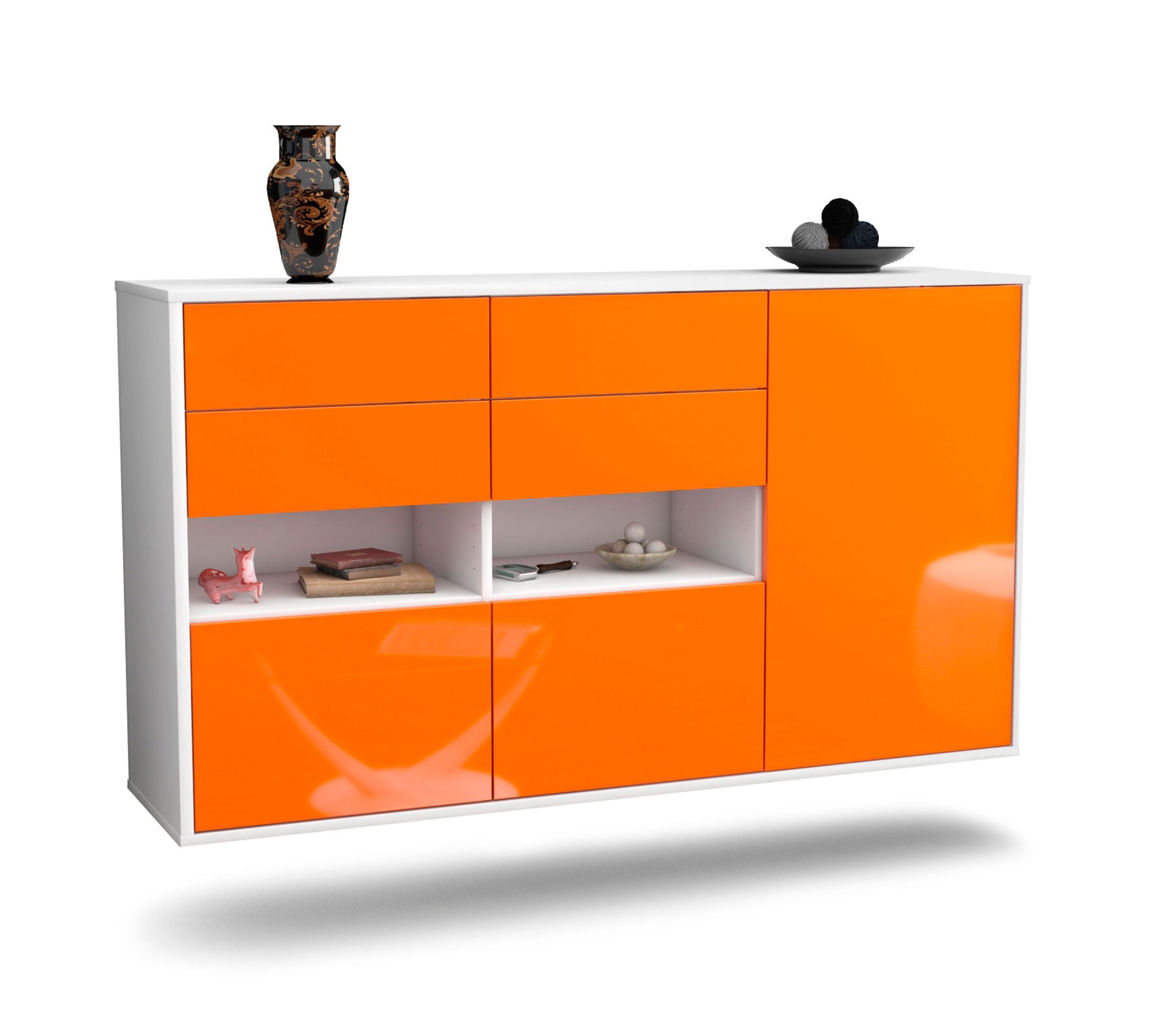 Sideboard - Domi - Design Hochglanz - Wandmontage mit Push to Open 136 cm Weiss