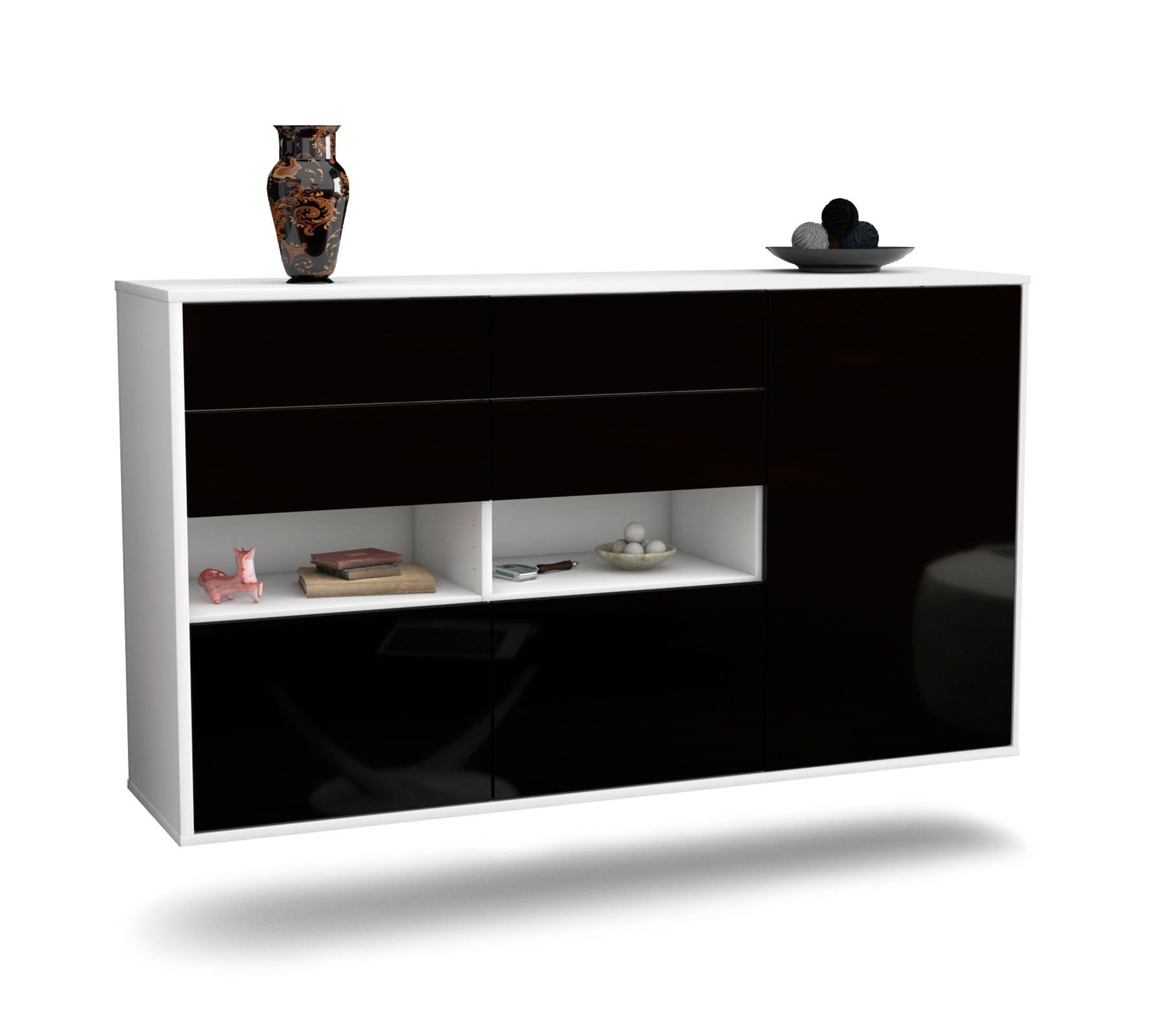 Sideboard - Domi - Design Hochglanz - Wandmontage mit Push to Open 136 cm Weiss