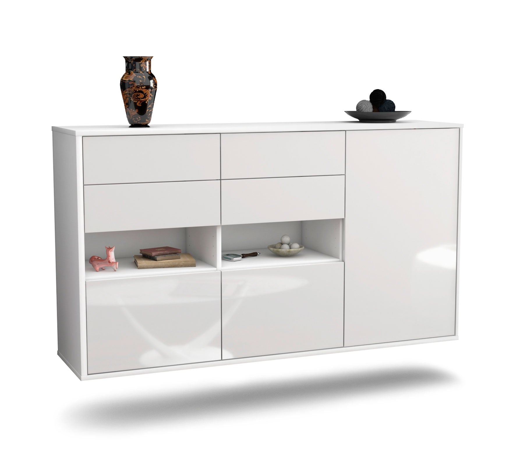 Sideboard - Domi - Design Hochglanz - Wandmontage mit Push to Open 136 cm Weiss