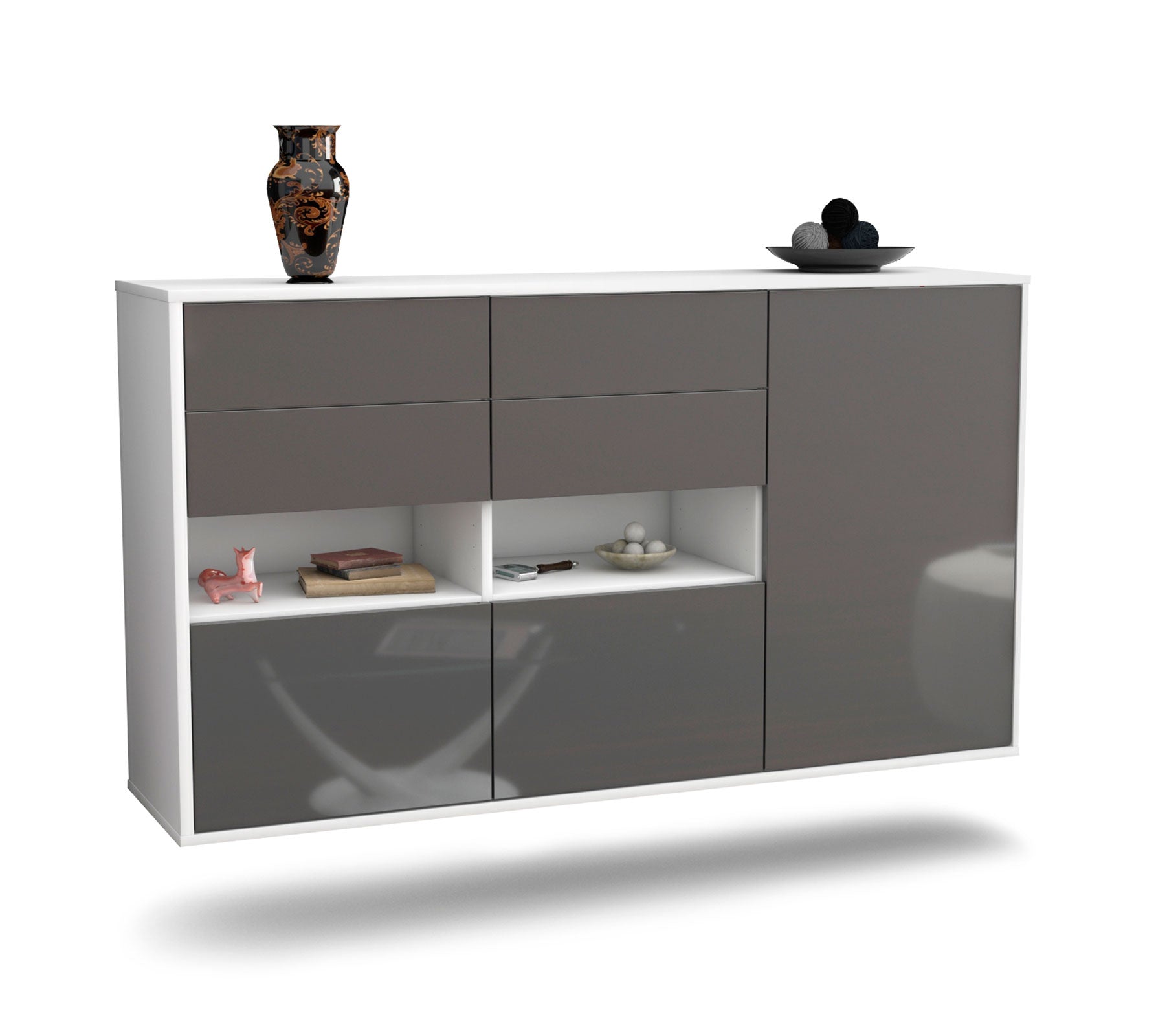 Sideboard - Domi - Design Hochglanz - Wandmontage mit Push to Open 136 cm Weiss