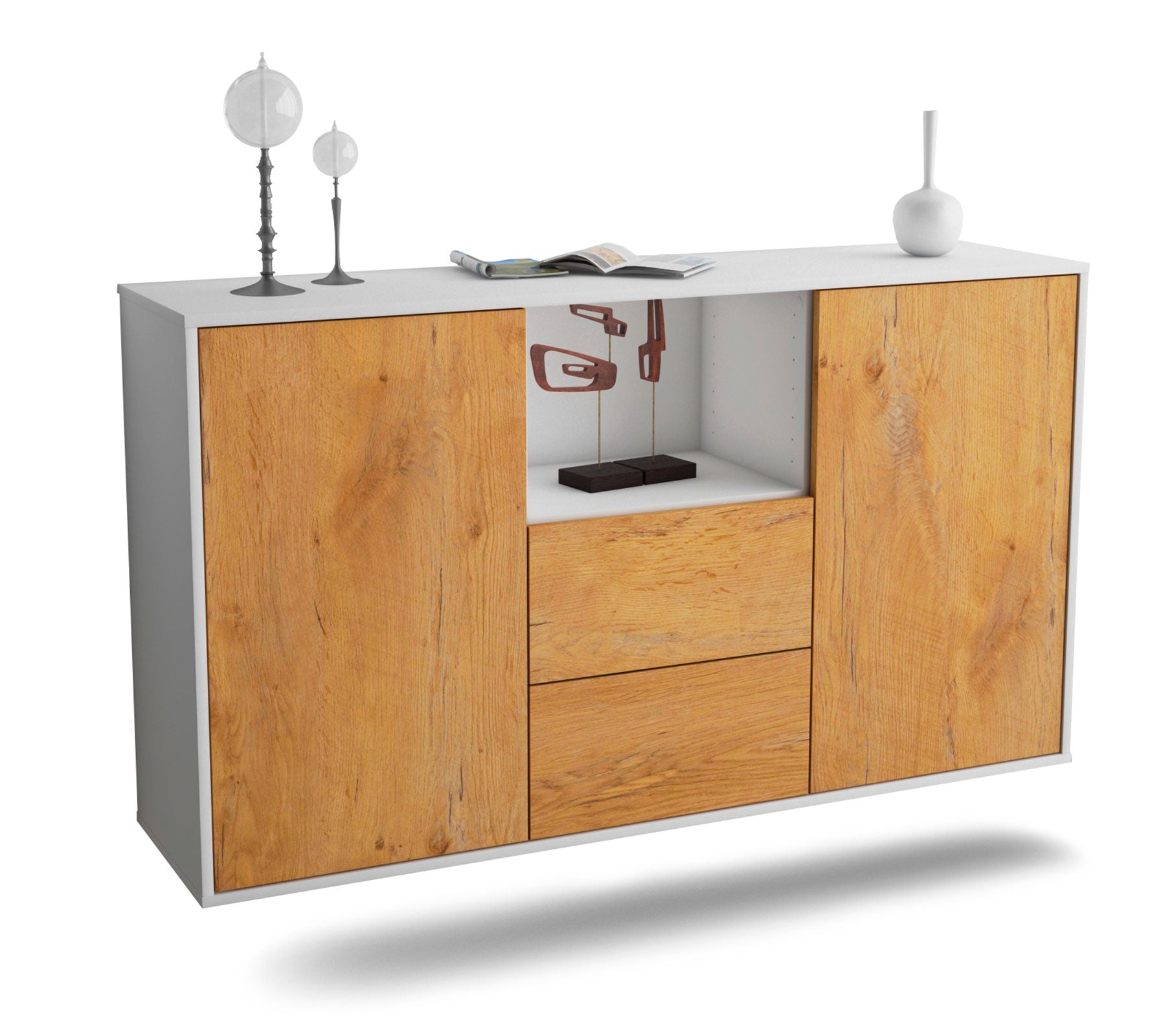 Sideboard - Donika - Design Holzdekor - Wandmontage mit Push to Open 136 cm Weiss