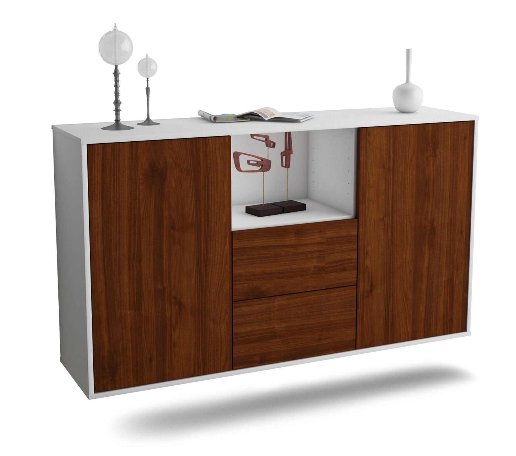 Sideboard - Donika - Design Holzdekor - Wandmontage mit Push to Open 136 cm Weiss