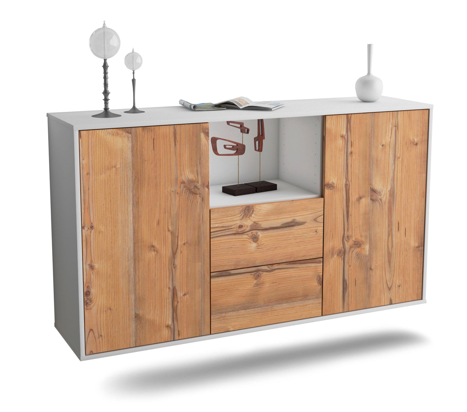 Sideboard - Donika - Design Holzdekor - Wandmontage mit Push to Open 136 cm Weiss