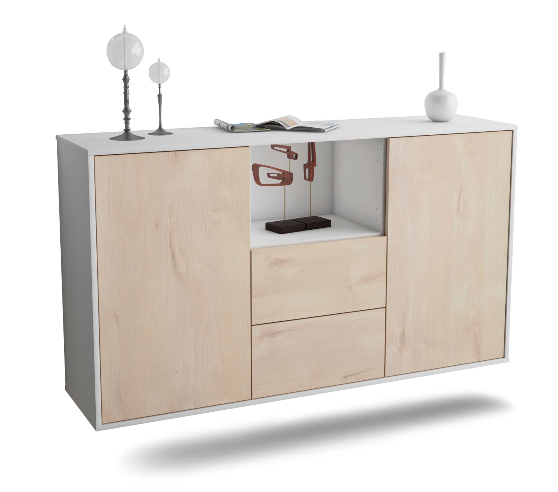 Sideboard - Donika - Design Holzdekor - Wandmontage mit Push to Open 136 cm Weiss