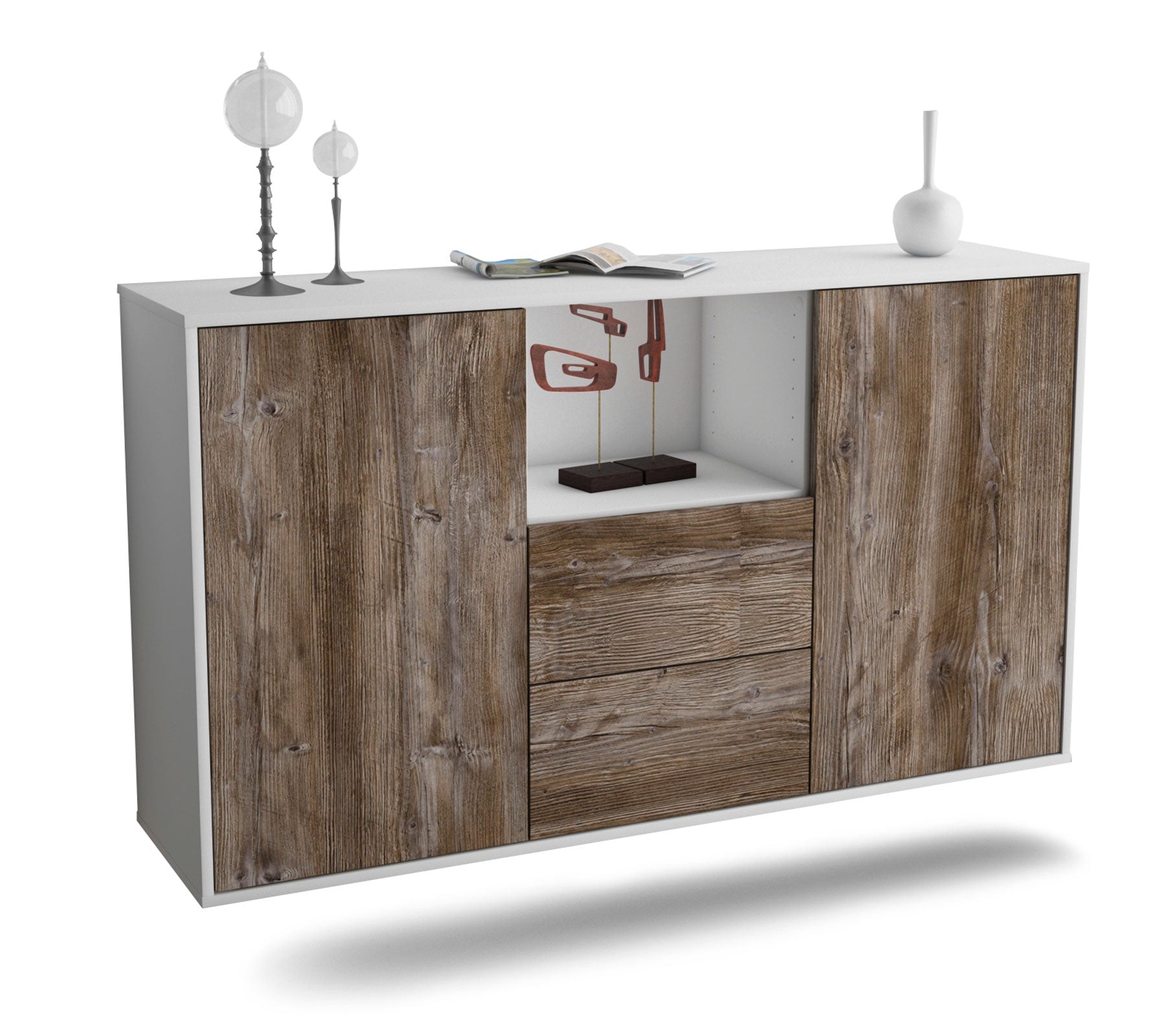 Sideboard - Donika - Design Holzdekor - Wandmontage mit Push to Open 136 cm Weiss