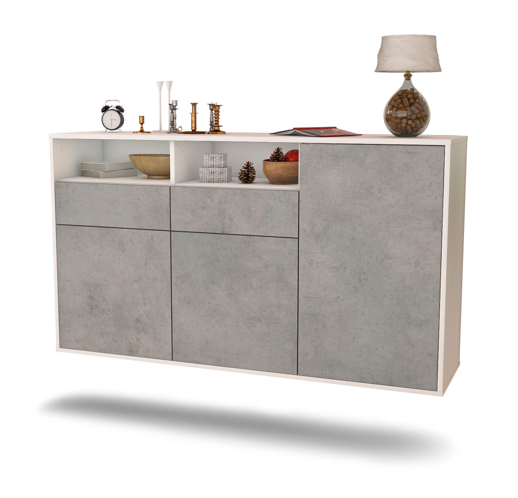 Sideboard - Editta - Design Industrie Stil - Wandmontage mit Push to Open 136 cm Weiss