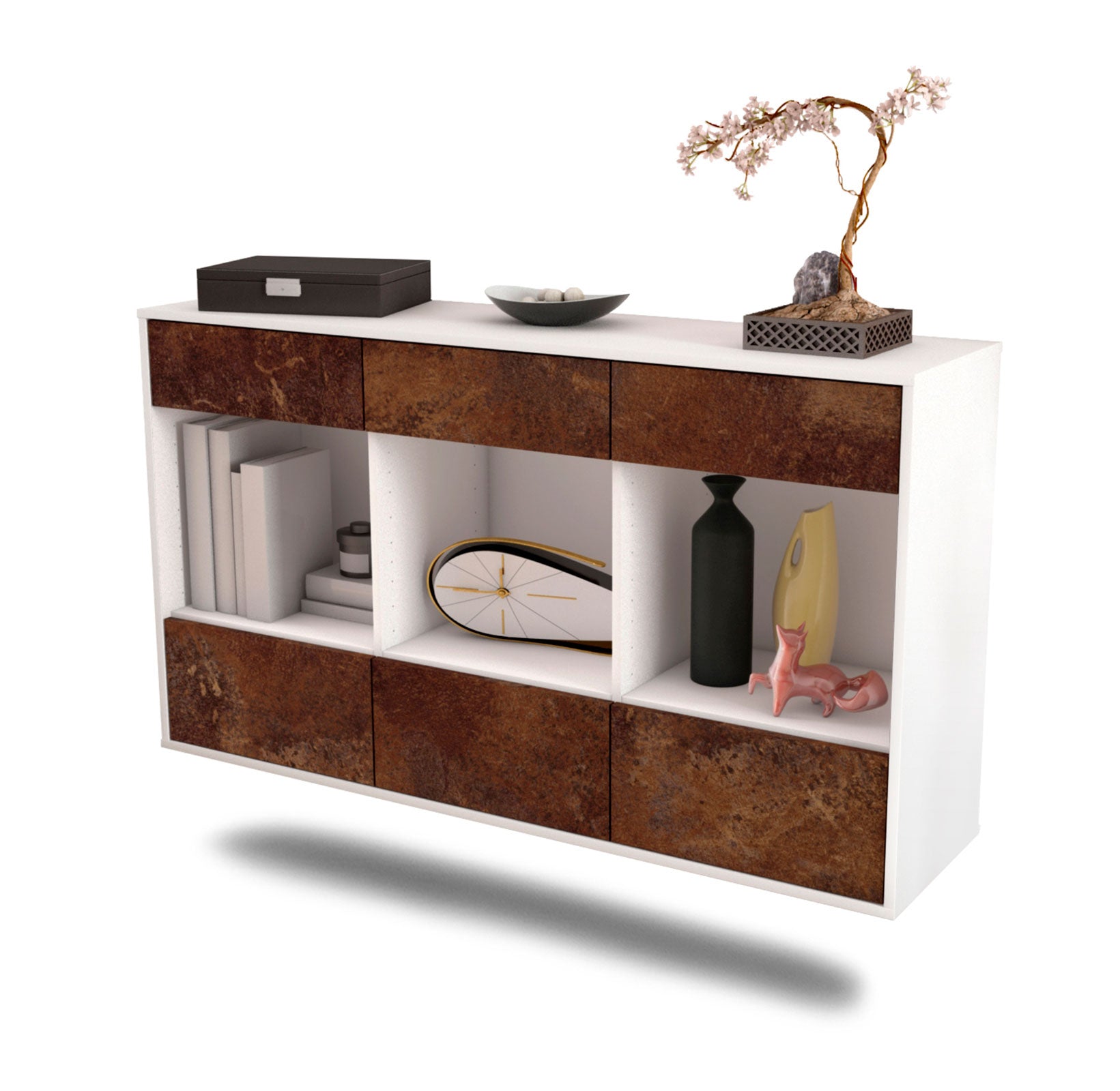 Sideboard - Efisia - Design Industrie Stil - Wandmontage mit Push to Open 136 cm Weiss