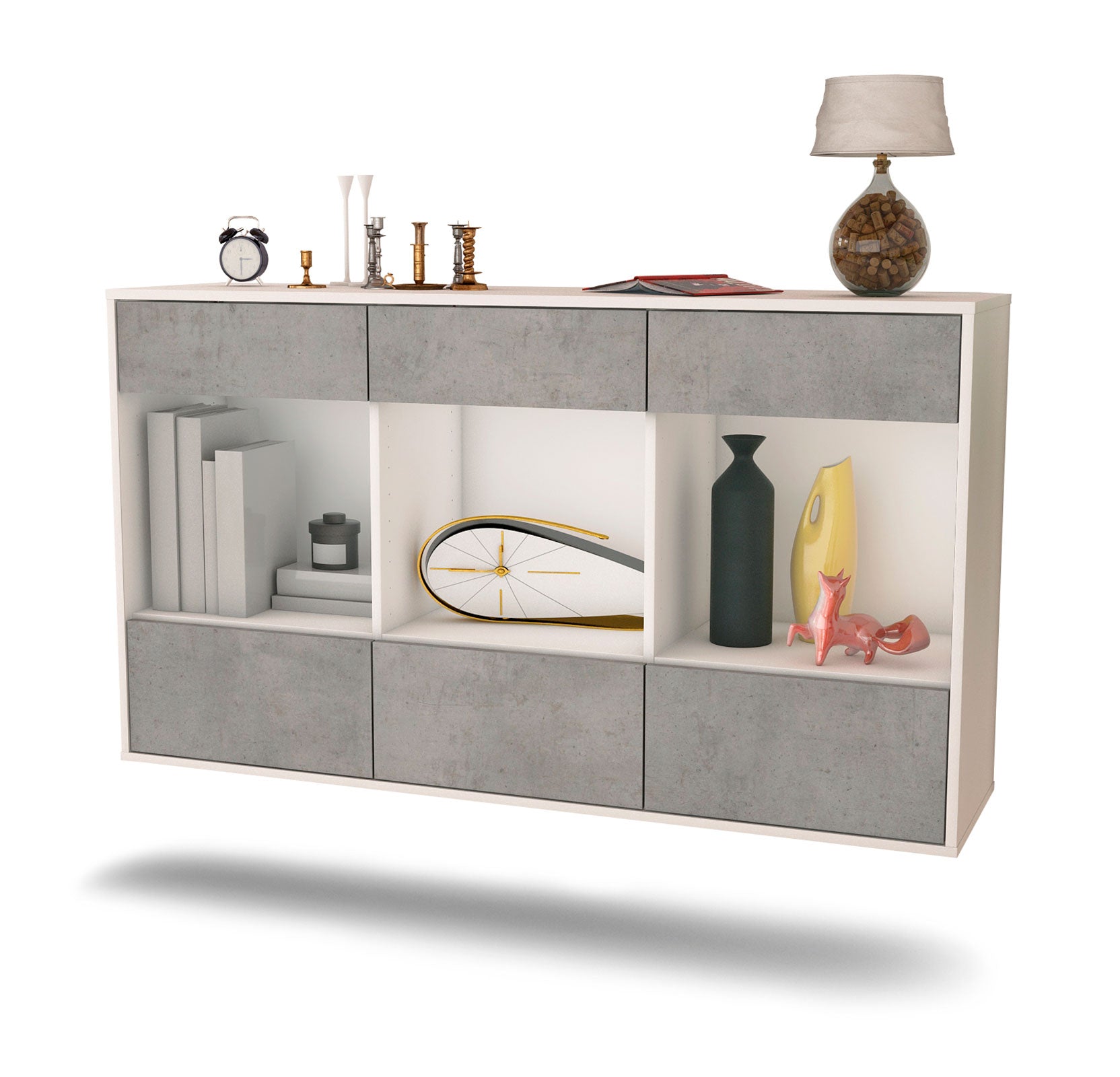 Sideboard - Efisia - Design Industrie Stil - Wandmontage mit Push to Open 136 cm Weiss