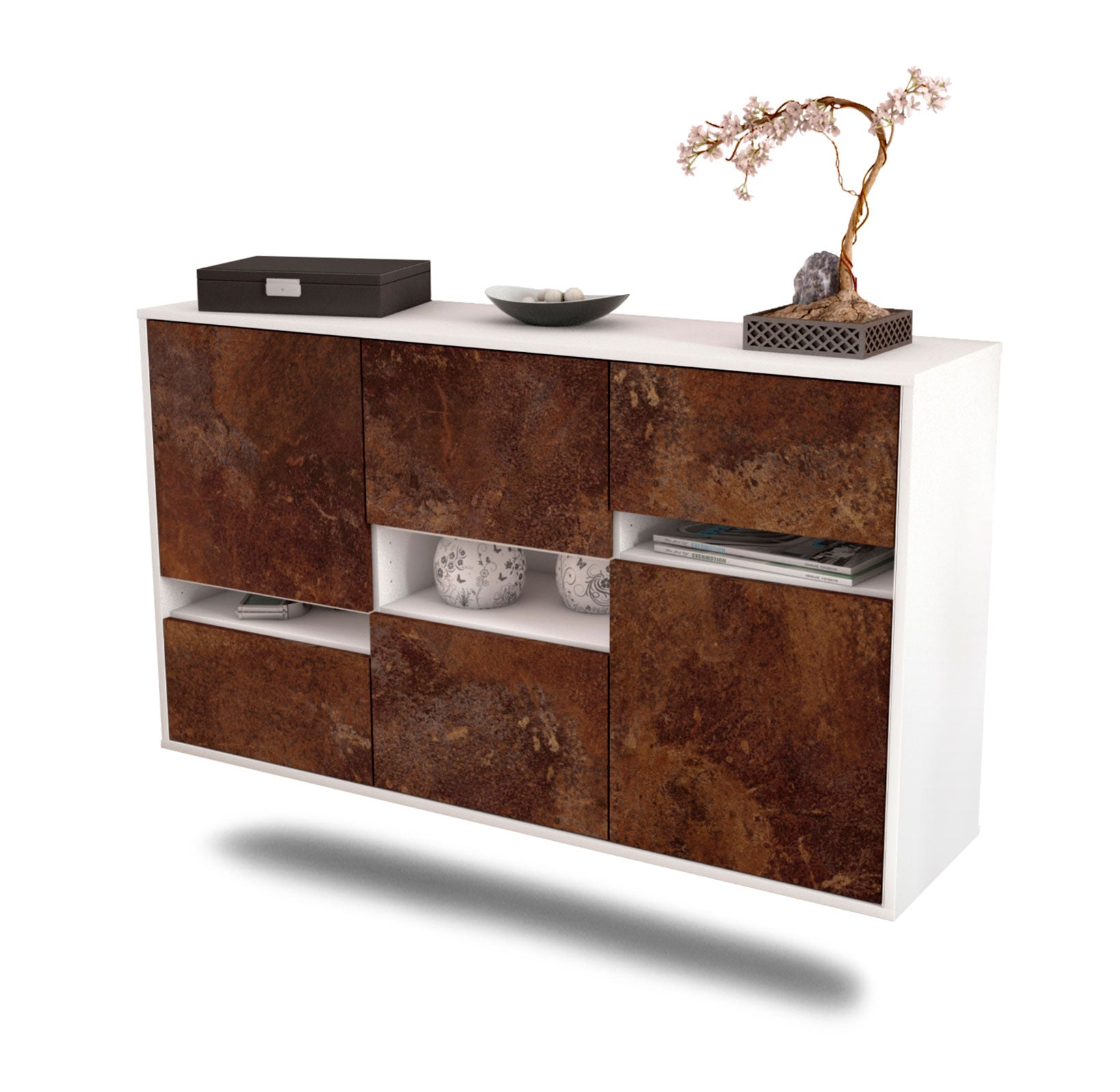 Sideboard - Egizia - Design Industrie Stil - Wandmontage mit Push to Open 136 cm Weiss