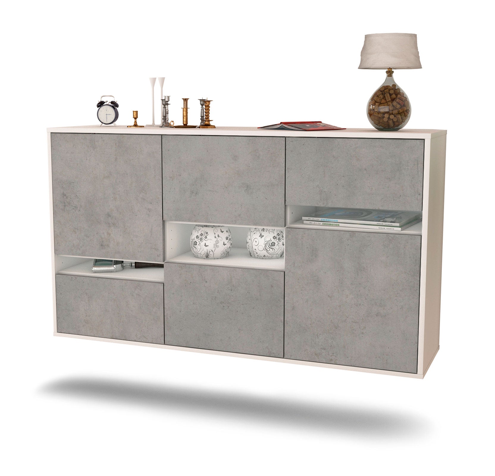 Sideboard - Egizia - Design Industrie Stil - Wandmontage mit Push to Open 136 cm Weiss