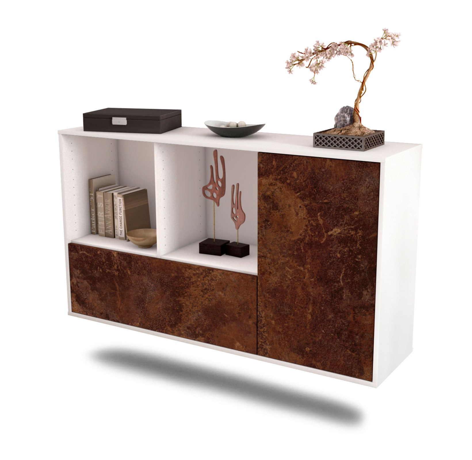 Sideboard - Ela - Design Industrie Stil - Wandmontage mit Push to Open 136 cm Weiss