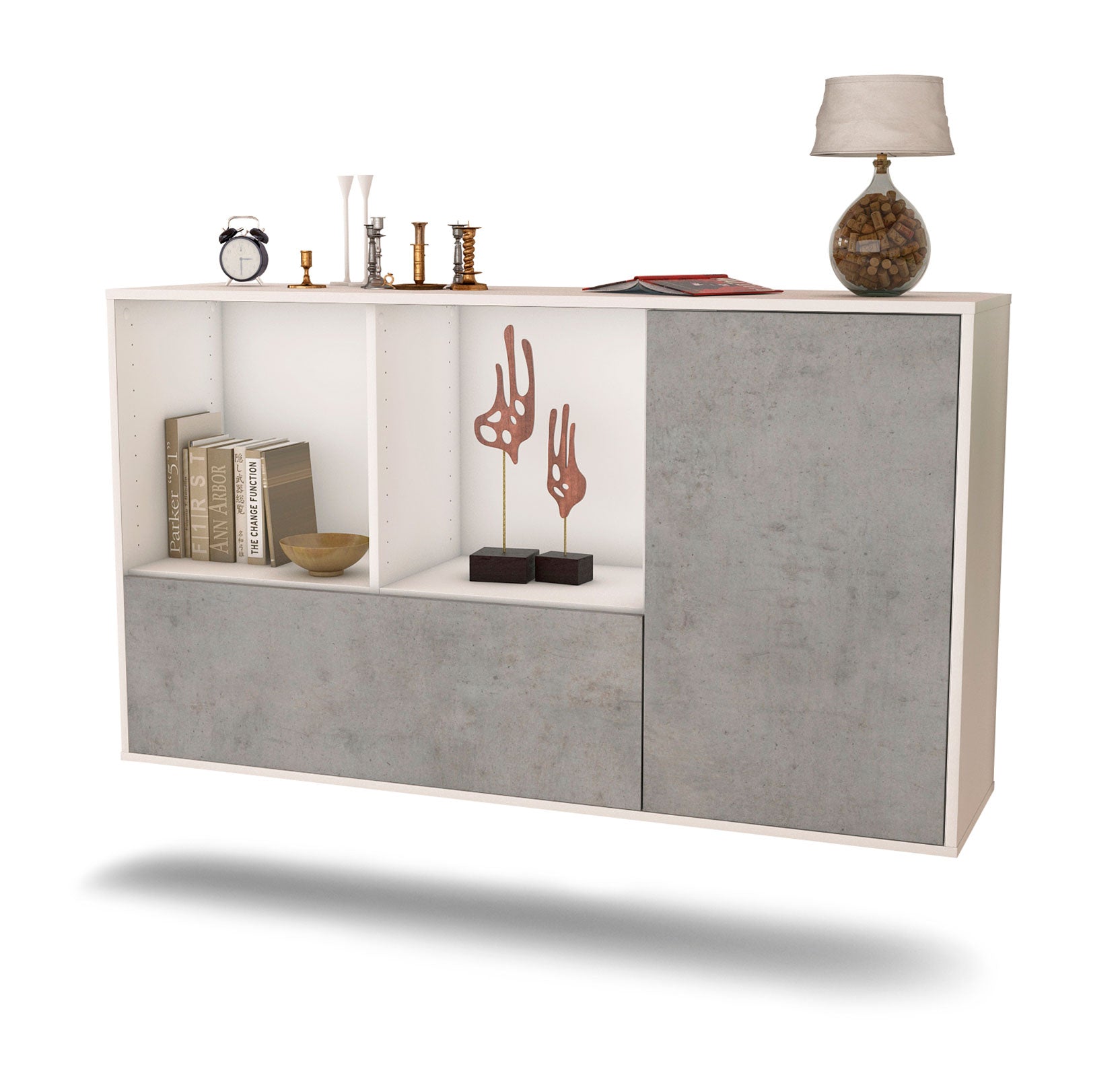 Sideboard - Ela - Design Industrie Stil - Wandmontage mit Push to Open 136 cm Weiss