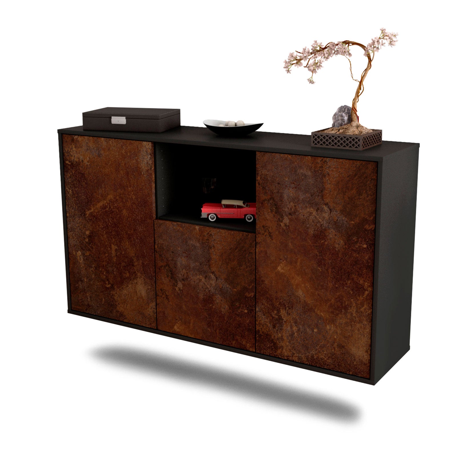 Sideboard - Demetria - Design Industrie Stil - Wandmontage mit Push to Open 136 cm Anthrazit