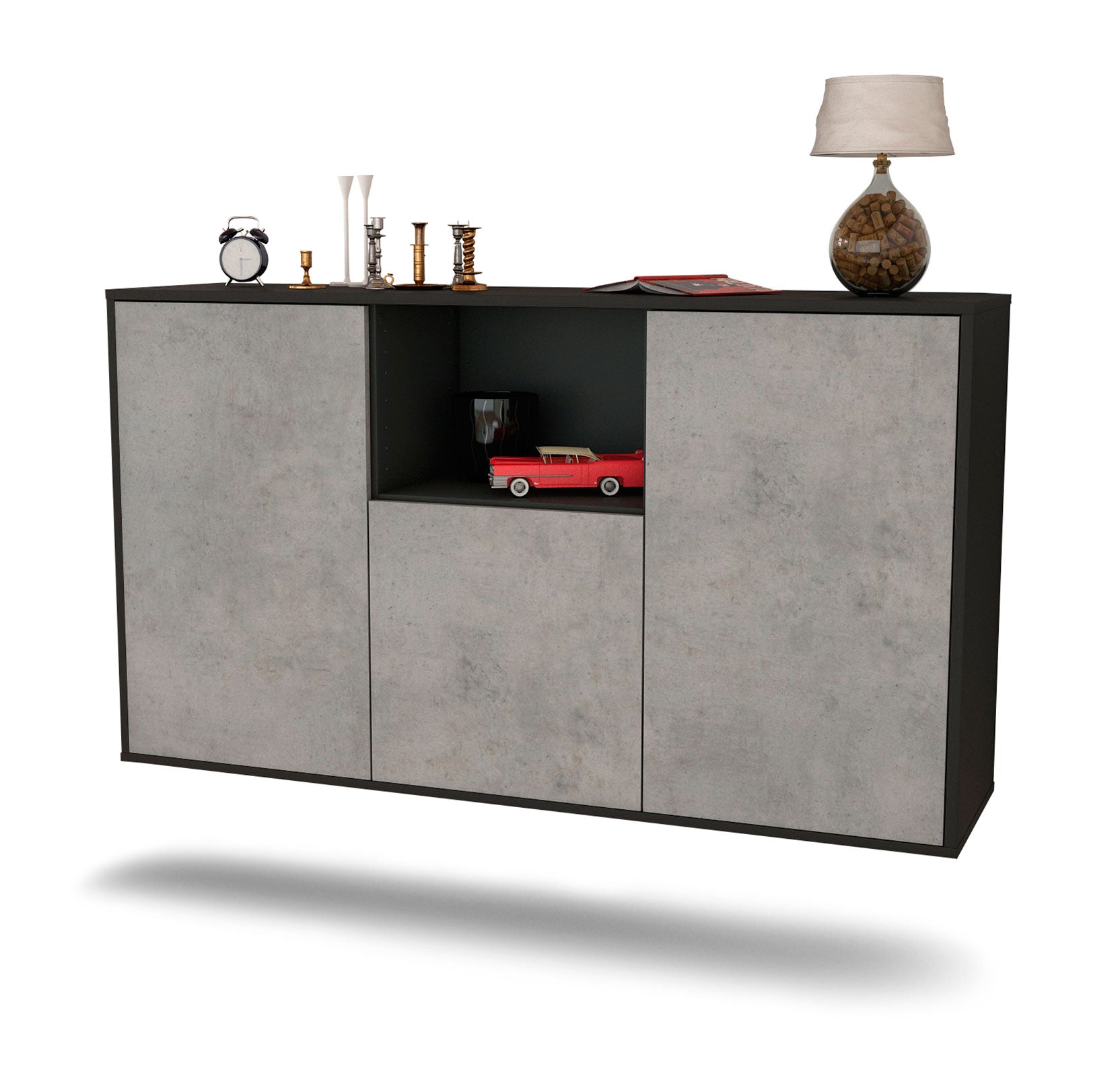 Sideboard - Demetria - Design Industrie Stil - Wandmontage mit Push to Open 136 cm Anthrazit