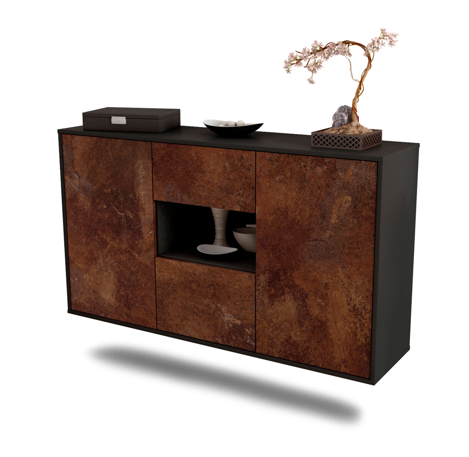 Sideboard - Denise - Design Industrie Stil - Wandmontage mit Push to Open 136 cm Anthrazit