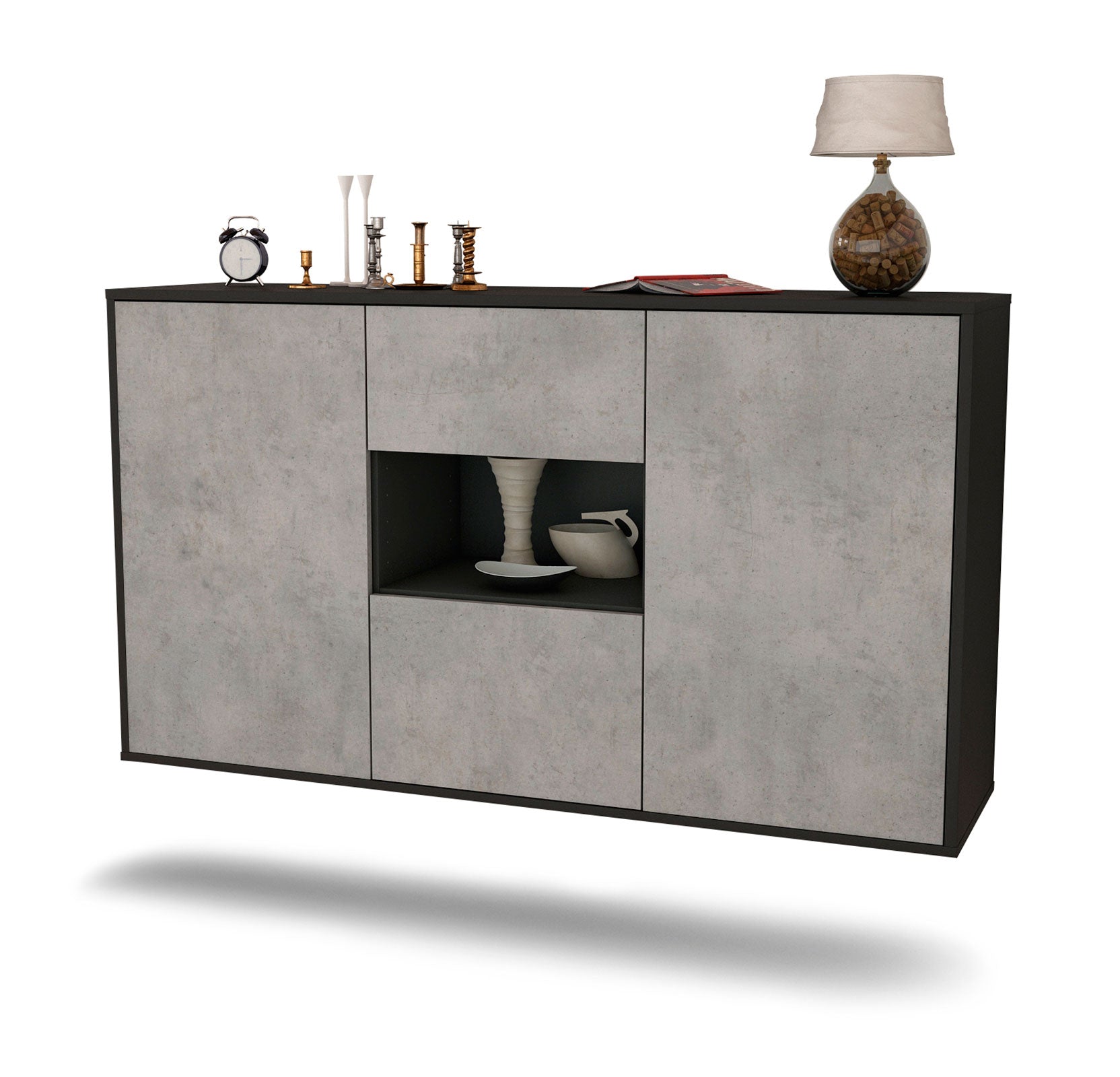 Sideboard - Denise - Design Industrie Stil - Wandmontage mit Push to Open 136 cm Anthrazit