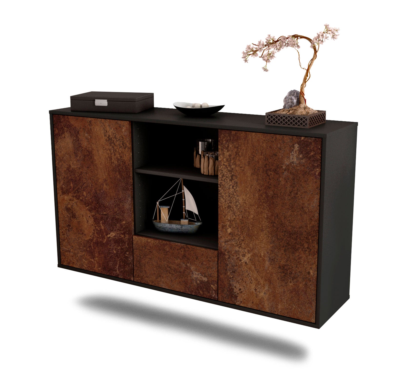 Sideboard - Desideria - Design Industrie Stil - Wandmontage mit Push to Open 136 cm Anthrazit