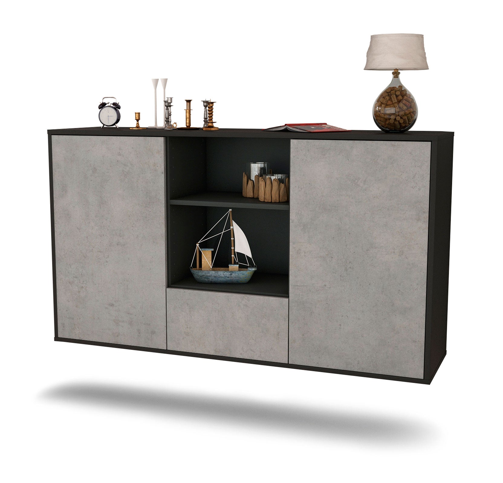 Sideboard - Desideria - Design Industrie Stil - Wandmontage mit Push to Open 136 cm Anthrazit