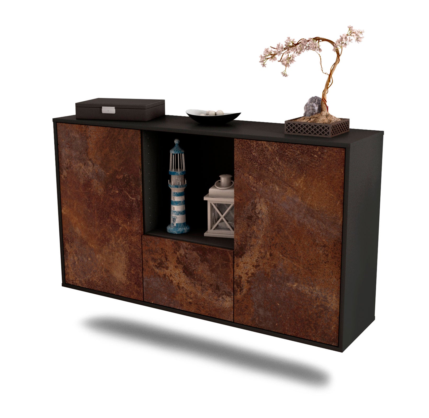 Sideboard - Dhonna - Design Industrie Stil - Wandmontage mit Push to Open 136 cm Anthrazit