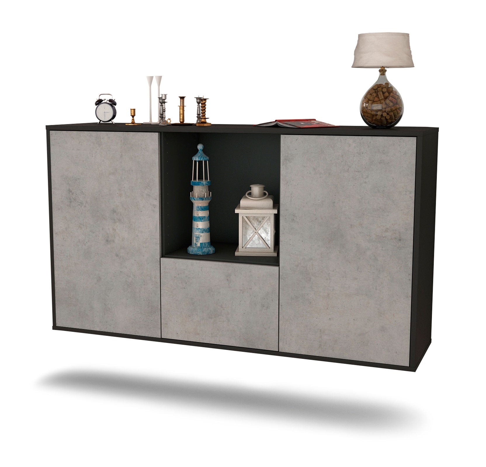 Sideboard - Dhonna - Design Industrie Stil - Wandmontage mit Push to Open 136 cm Anthrazit