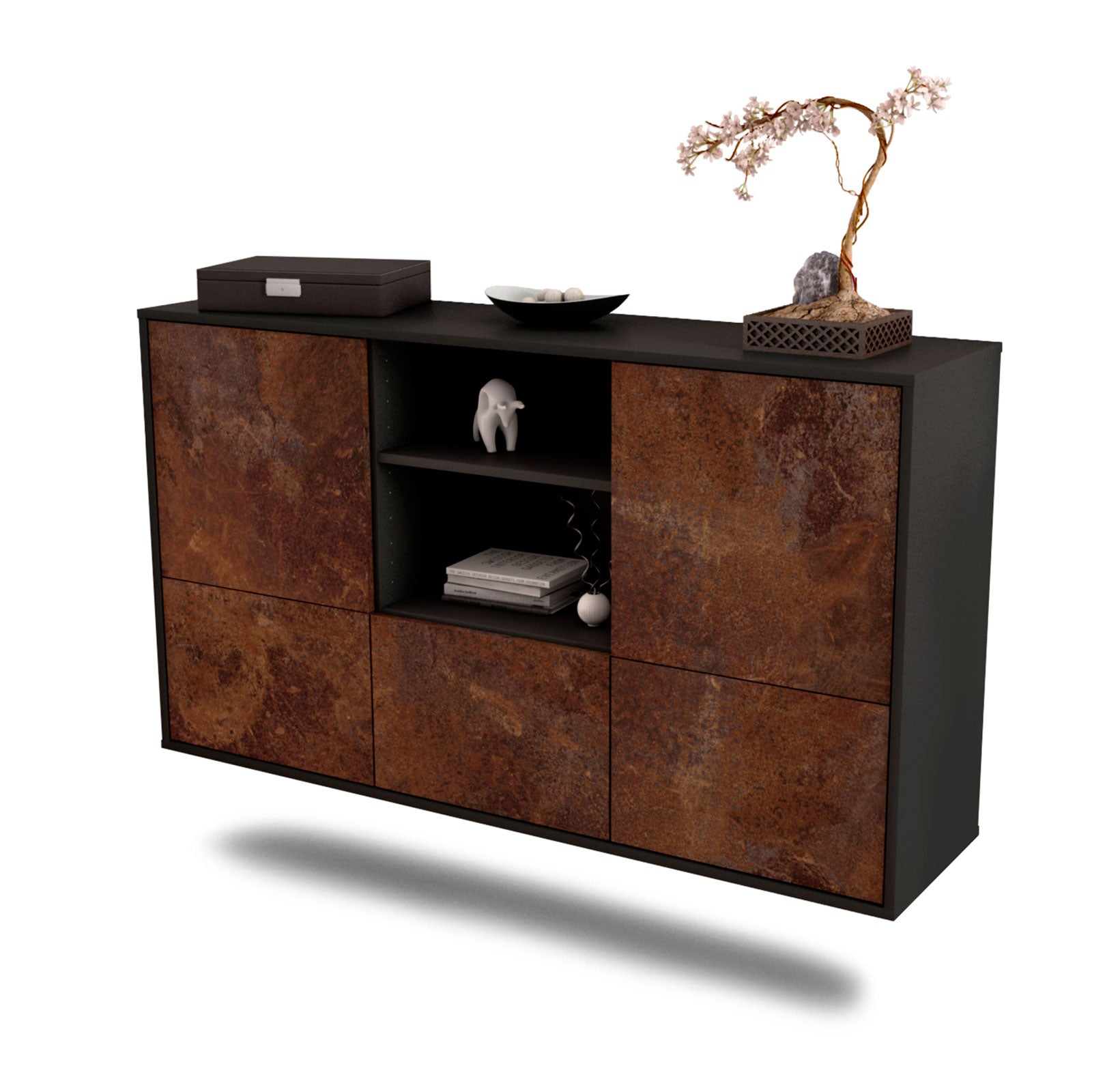 Sideboard - Diellza - Design Industrie Stil - Wandmontage mit Push to Open 136 cm Anthrazit