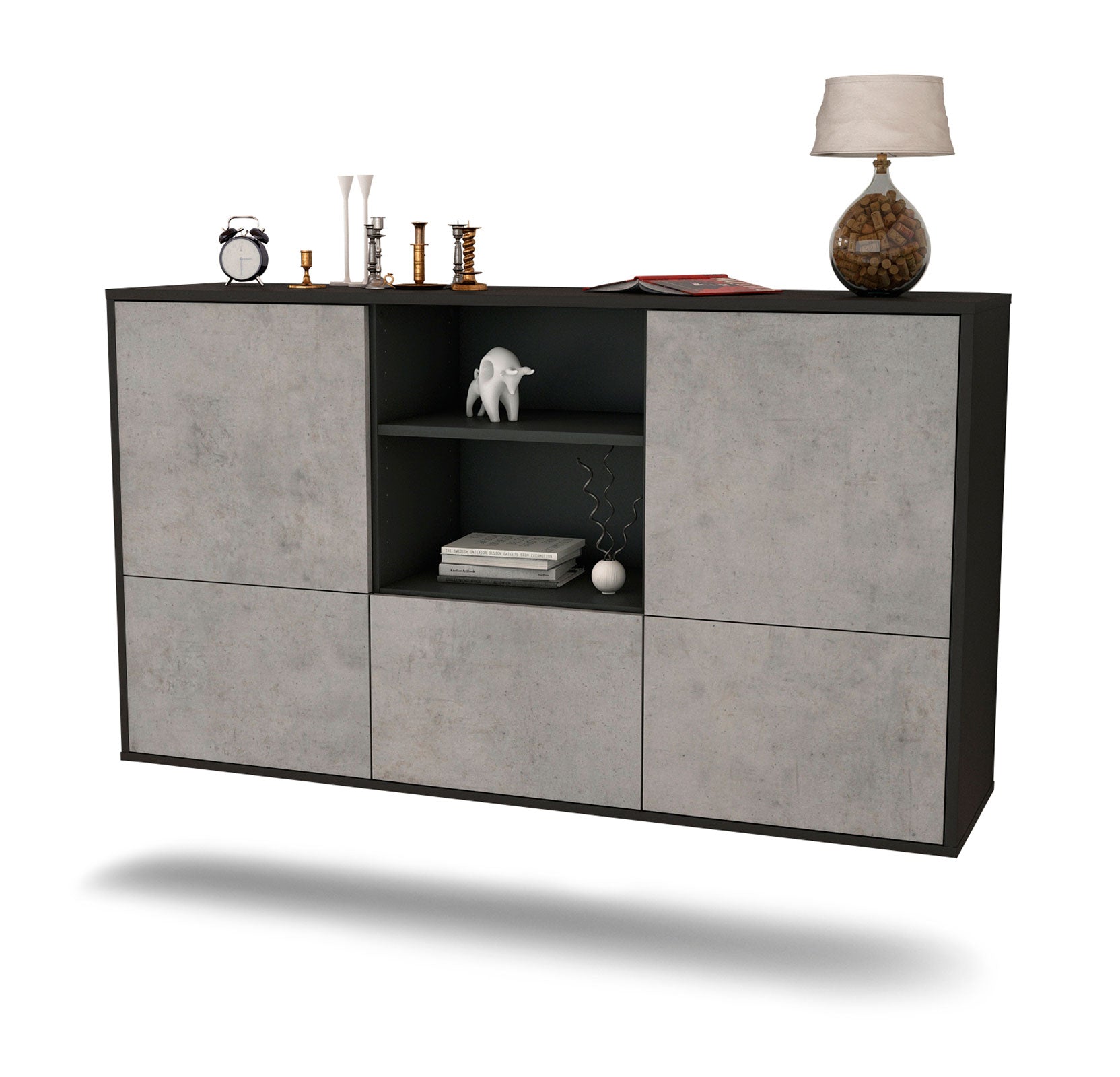 Sideboard - Diellza - Design Industrie Stil - Wandmontage mit Push to Open 136 cm Anthrazit