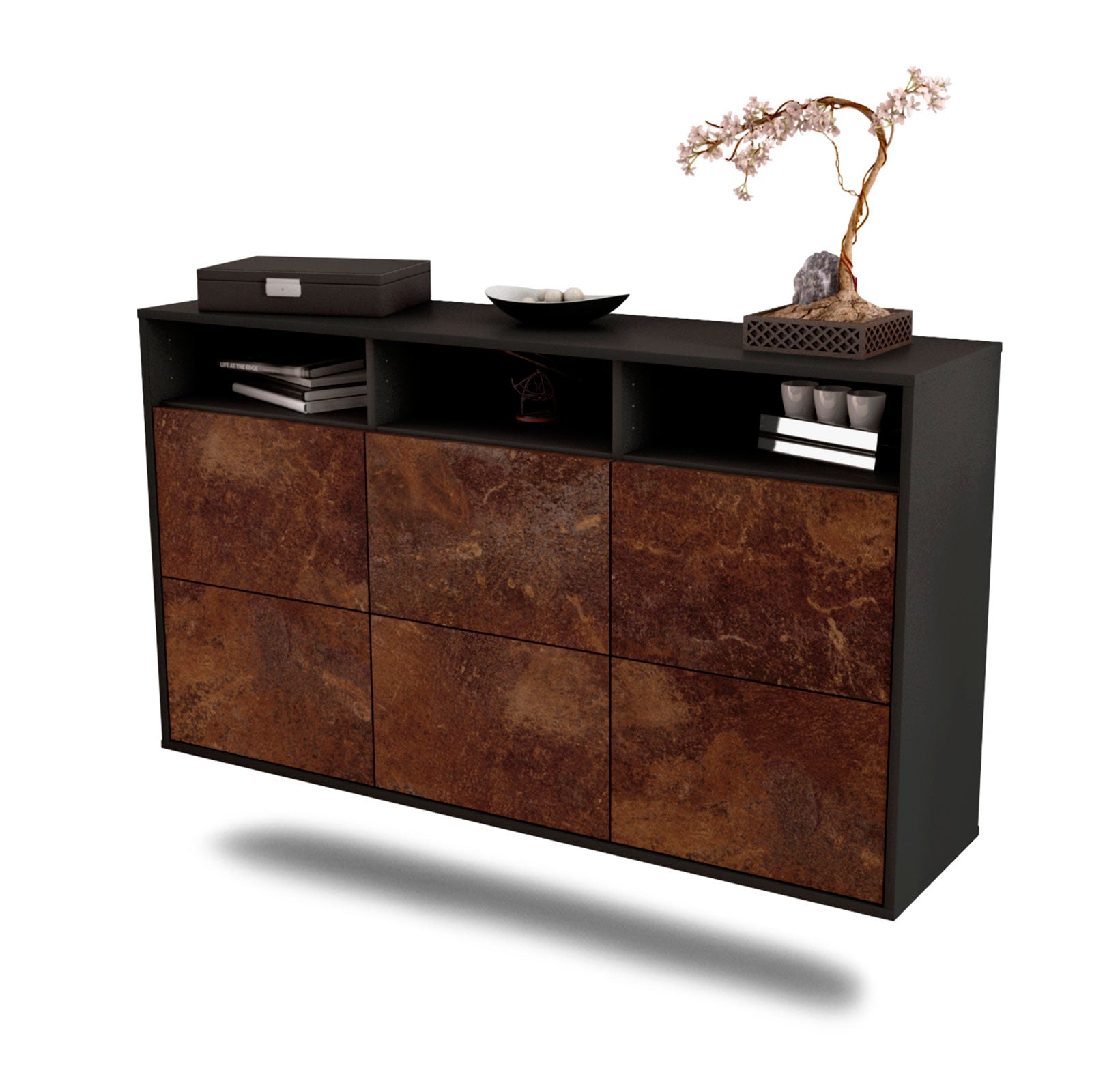 Sideboard - Dilara - Design Industrie Stil - Wandmontage mit Push to Open 136 cm Anthrazit