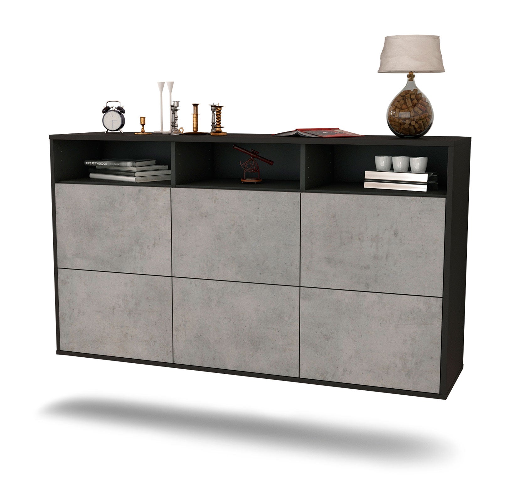 Sideboard - Dilara - Design Industrie Stil - Wandmontage mit Push to Open 136 cm Anthrazit