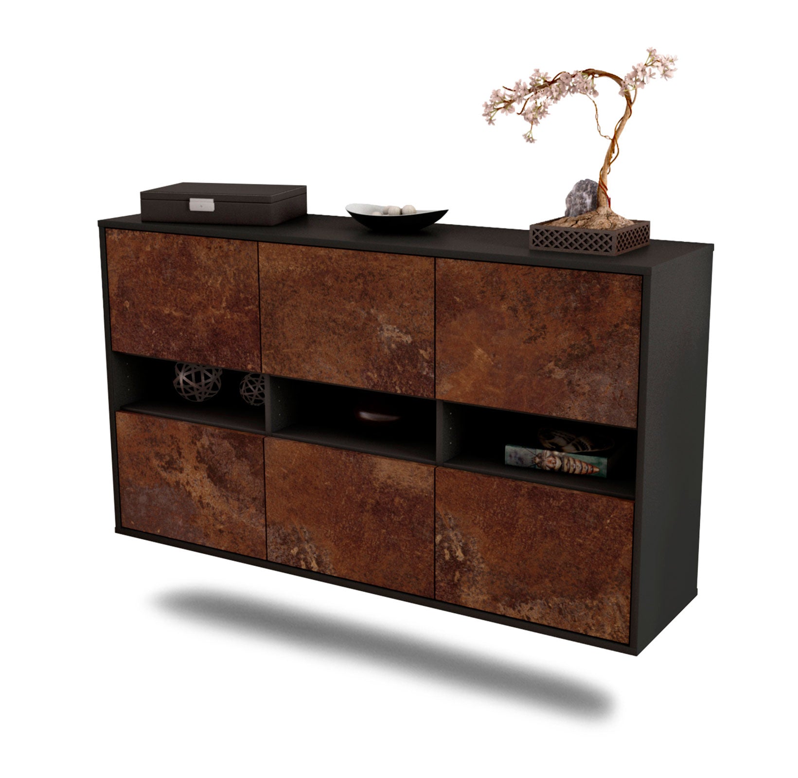 Sideboard - Diletta - Design Industrie Stil - Wandmontage mit Push to Open 136 cm Anthrazit