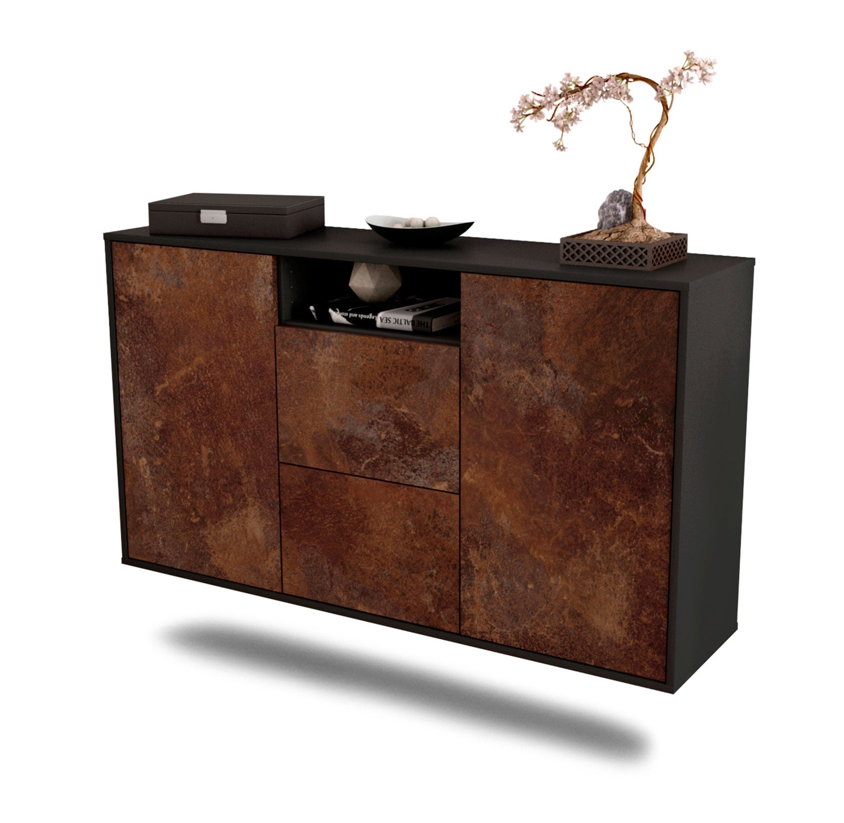 Sideboard - Dimphi - Design Industrie Stil - Wandmontage mit Push to Open 136 cm Anthrazit