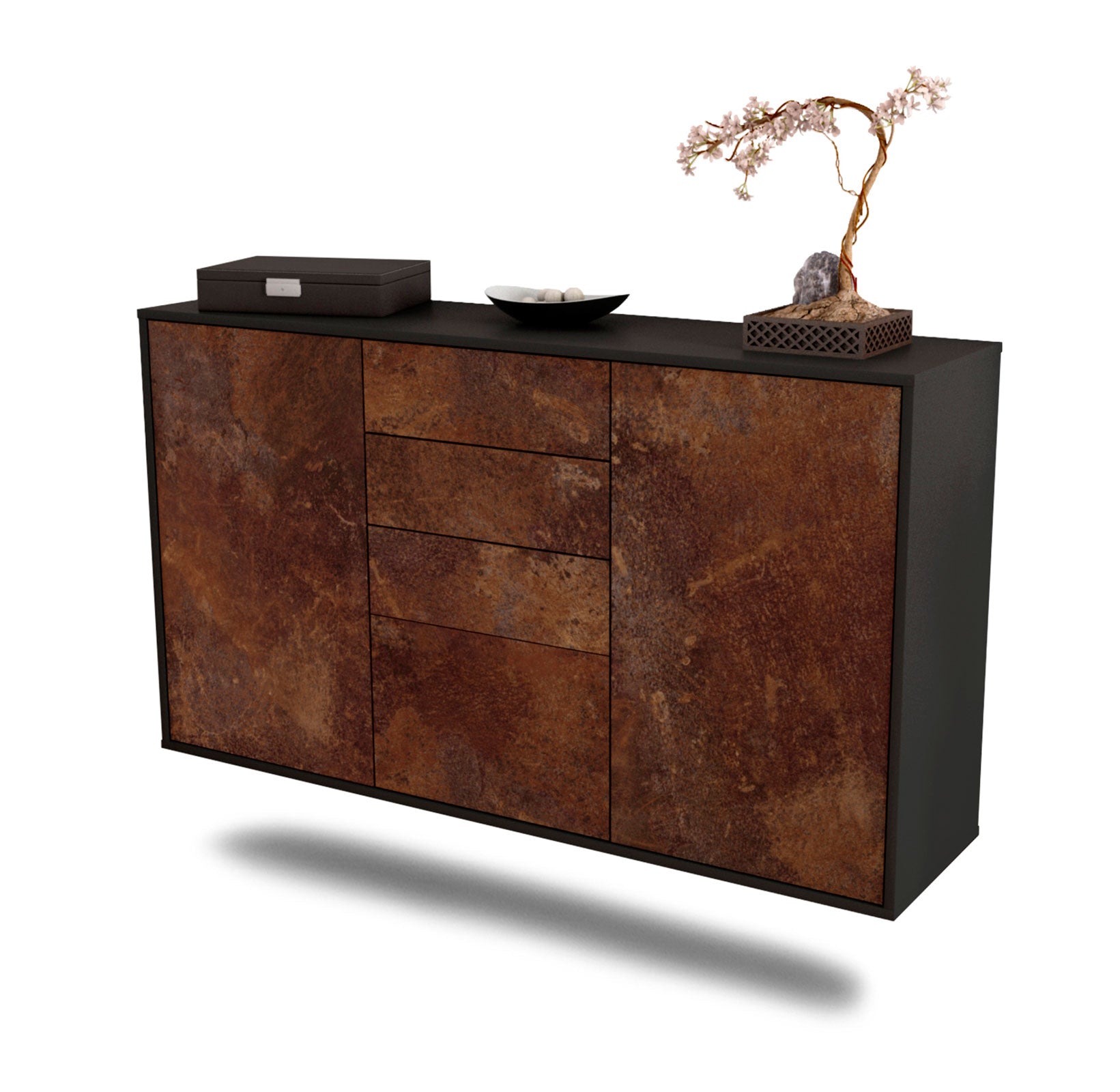 Sideboard - Donatella - Design Industrie Stil - Wandmontage mit Push to Open 136 cm Anthrazit