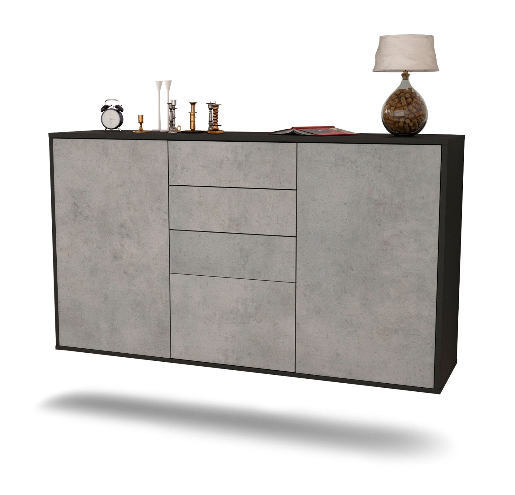 Sideboard - Donatella - Design Industrie Stil - Wandmontage mit Push to Open 136 cm Anthrazit