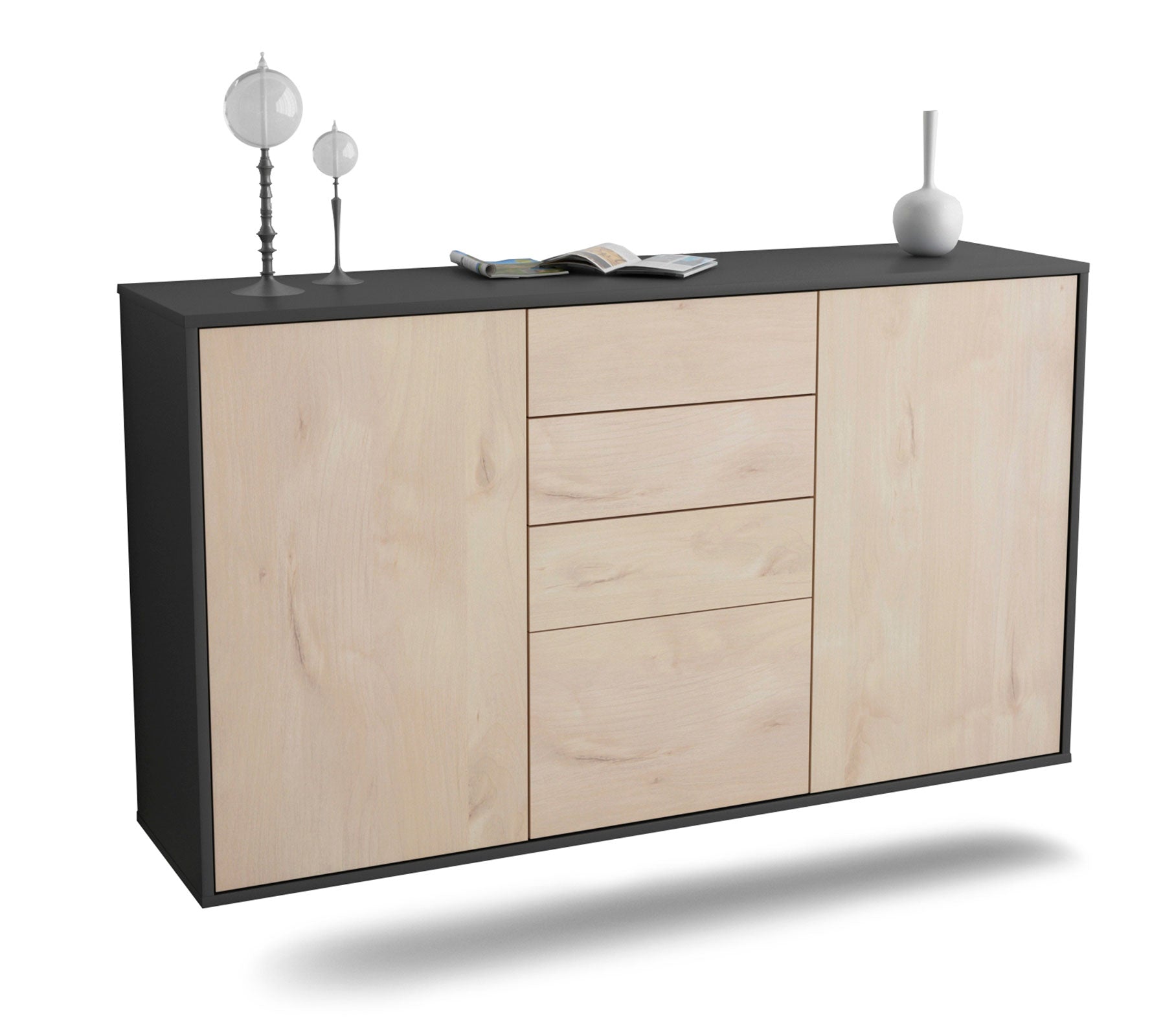 Sideboard - Donatella - Design Holzdekor - Wandmontage mit Push to Open 136 cm Anthrazit