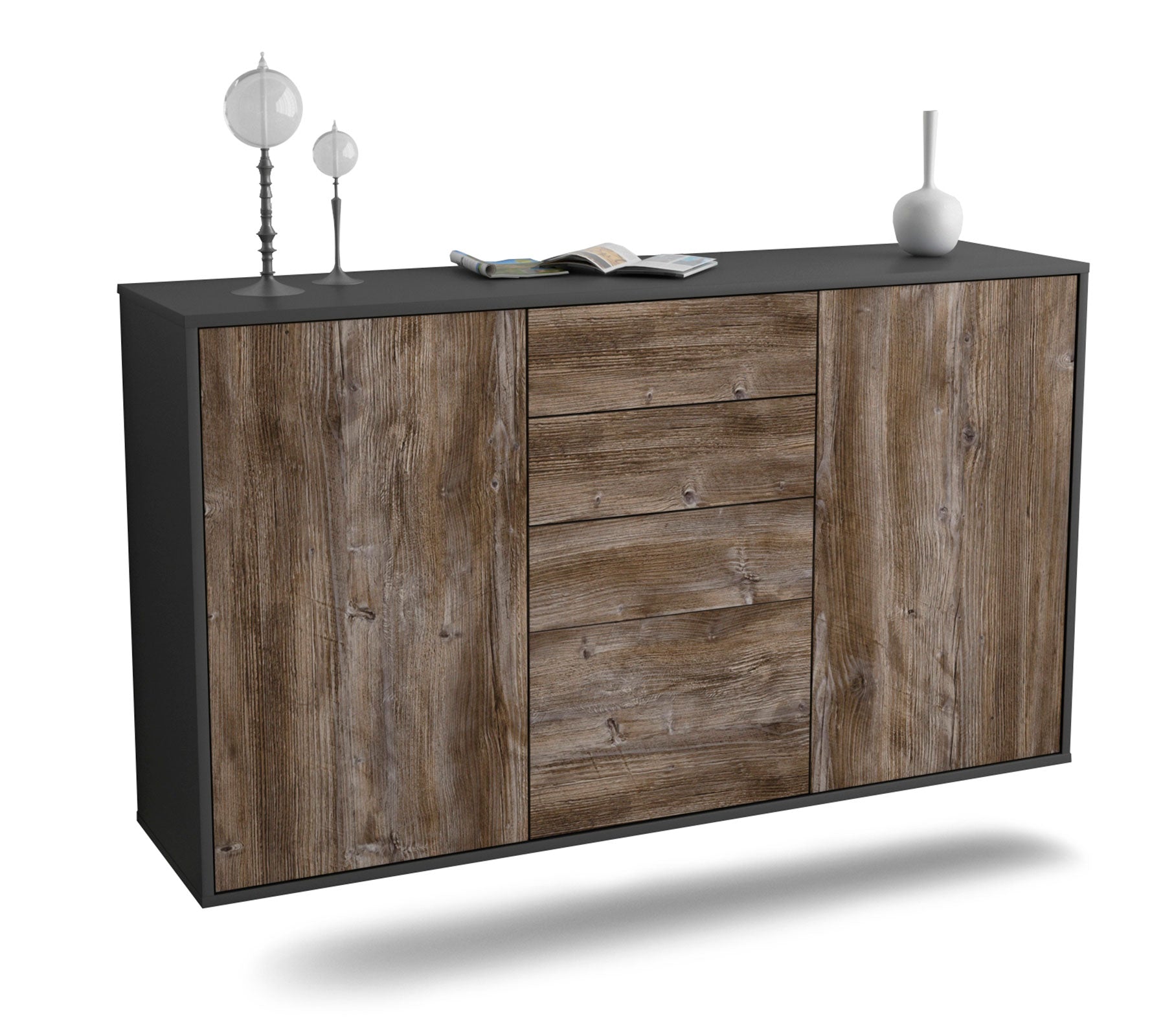 Sideboard - Donatella - Design Holzdekor - Wandmontage mit Push to Open 136 cm Anthrazit