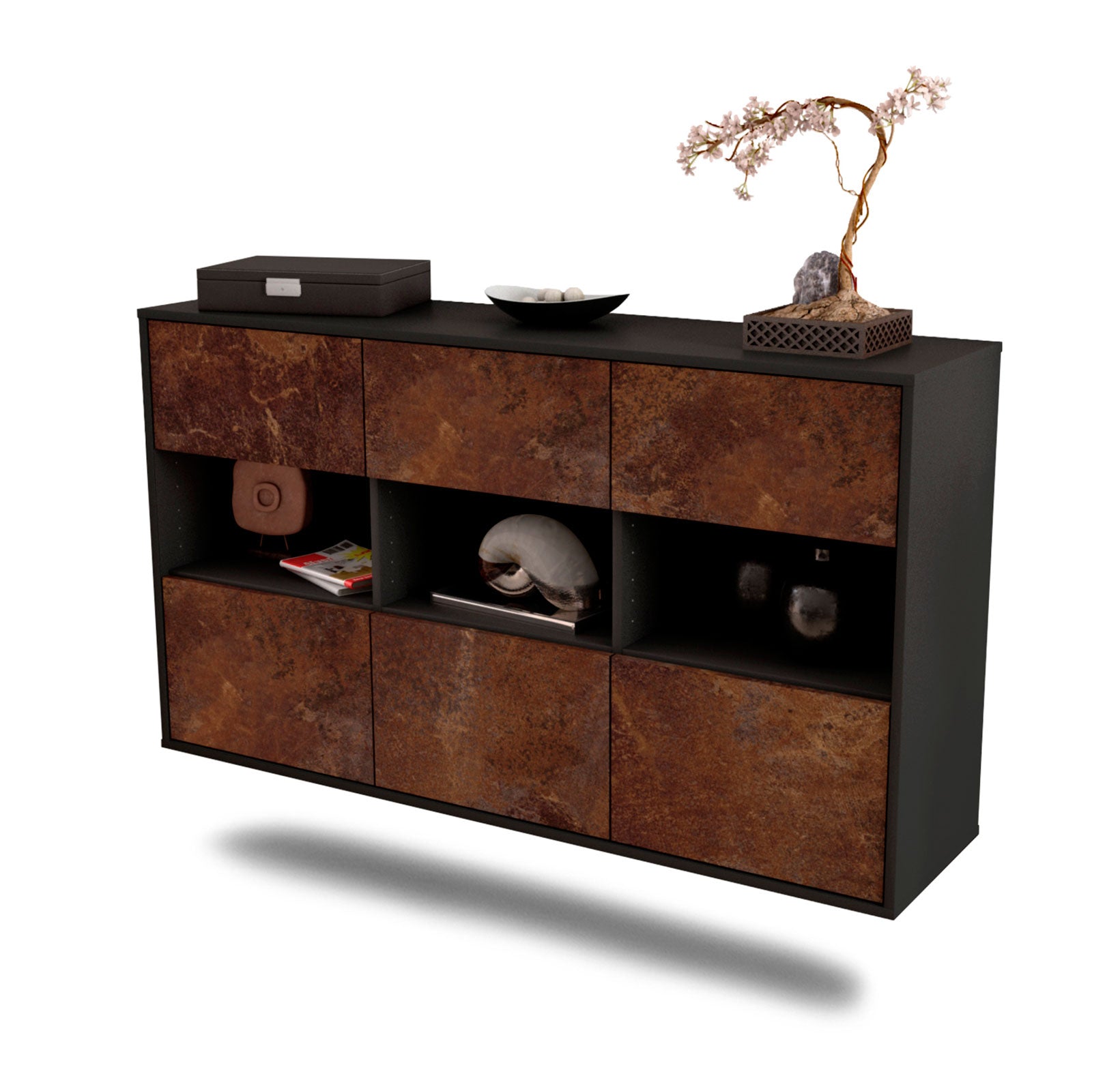 Sideboard - Dorett - Design Industrie Stil - Wandmontage mit Push to Open 136 cm Anthrazit