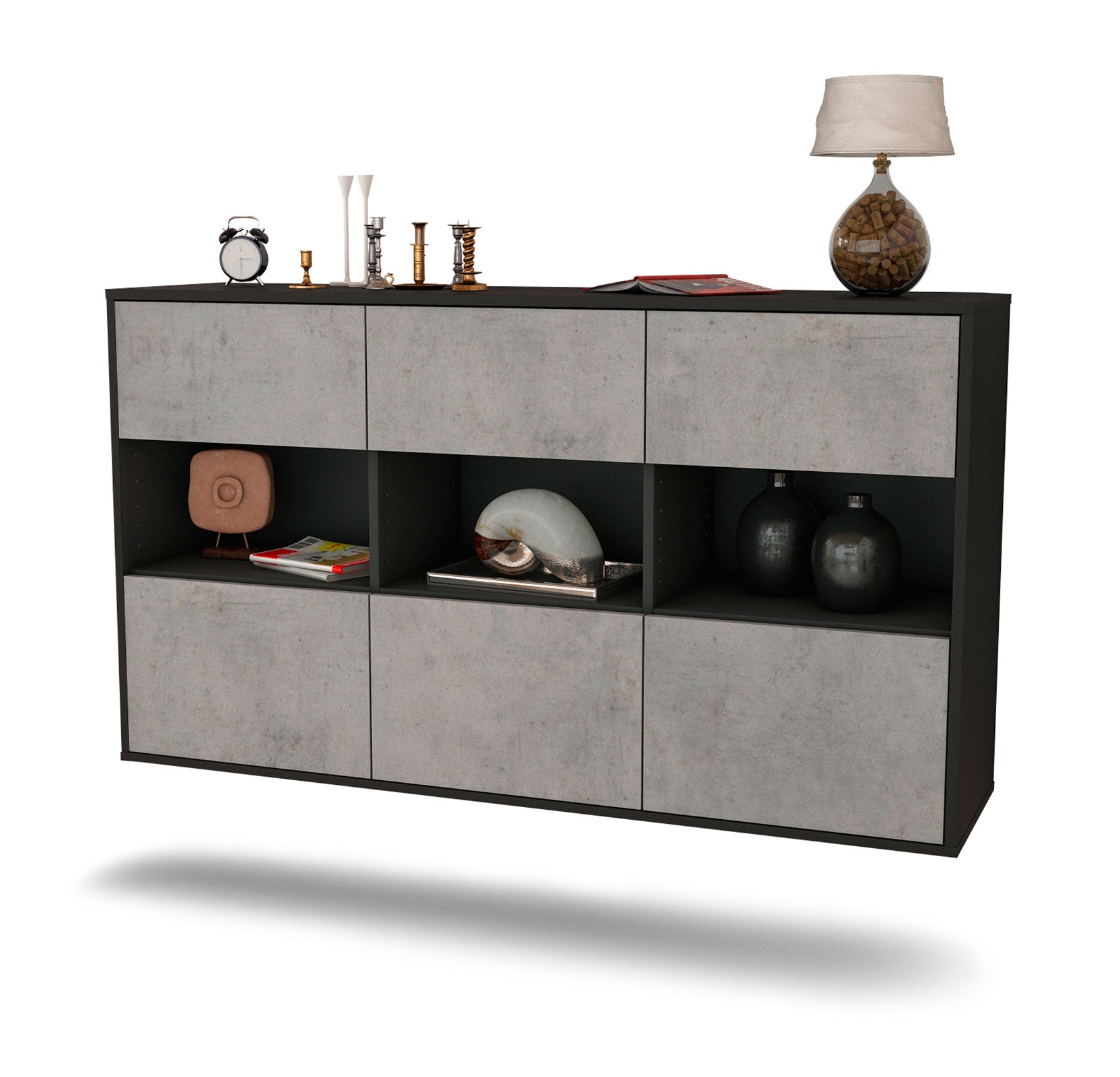 Sideboard - Dorett - Design Industrie Stil - Wandmontage mit Push to Open 136 cm Anthrazit