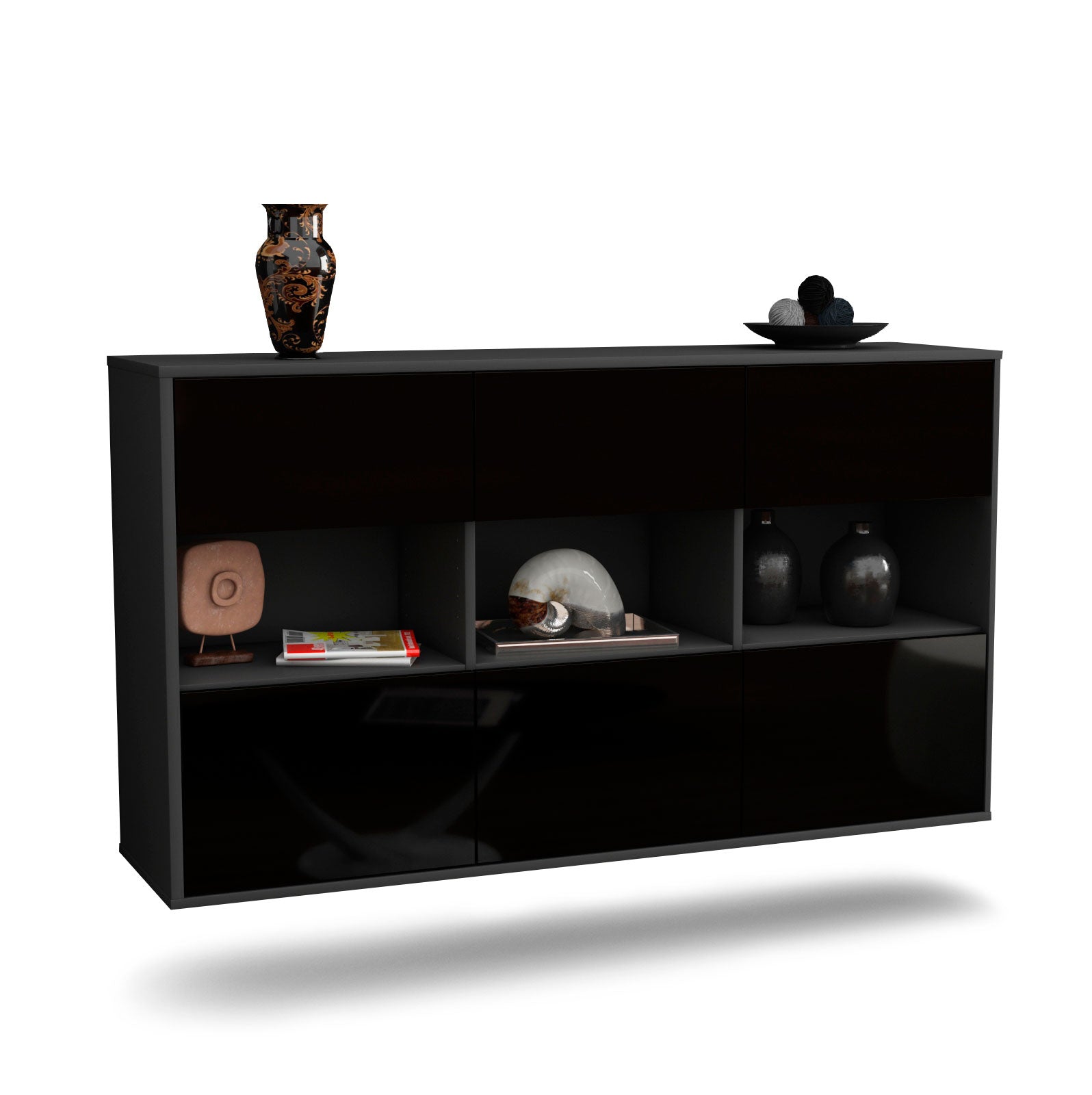 Sideboard - Dorett - Design Hochglanz - Wandmontage mit Push to Open 136 cm Anthrazit